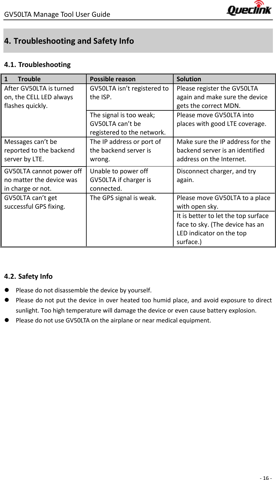 GV50LTA Manage Tool User Guide      - 16 -  4. Troubleshooting and Safety Info 4.1. Troubleshooting 1 Trouble Possible reason Solution After GV50LTA is turned on, the CELL LED always flashes quickly. GV50LTA isn’t registered to the ISP. Please register the GV50LTA again and make sure the device gets the correct MDN. The signal is too weak; GV50LTA can’t be registered to the network. Please move GV50LTA into places with good LTE coverage. Messages can’t be reported to the backend server by LTE. The IP address or port of the backend server is wrong.   Make sure the IP address for the backend server is an identified address on the Internet. GV50LTA cannot power off no matter the device was in charge or not. Unable to power off GV50LTA if charger is connected. Disconnect charger, and try again. GV50LTA can’t get successful GPS fixing. The GPS signal is weak. Please move GV50LTA to a place with open sky. It is better to let the top surface face to sky. (The device has an LED indicator on the top surface.)   4.2. Safety Info  Please do not disassemble the device by yourself.    Please do not put the device in over heated too humid place, and avoid exposure to direct sunlight. Too high temperature will damage the device or even cause battery explosion.    Please do not use GV50LTA on the airplane or near medical equipment.   