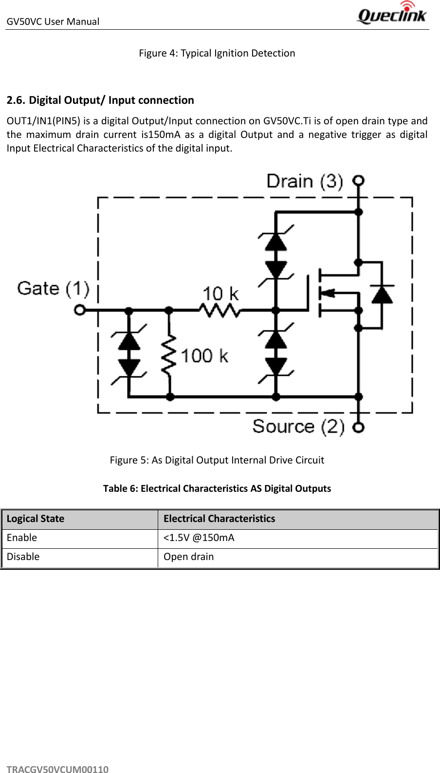 GV50VC User Manual     TRACGV50VCUM00110 Figure 4: Typical Ignition Detection  OUT1/IN1(PIN5) is a digital Output/Input connection on GV50VC.Ti is of open drain type and the  maximum  drain  current  is150mA  as  a  digital  Output  and  a  negative  trigger  as  digital Input Electrical Characteristics of the digital input.   Figure 5: As Digital Output Internal Drive Circuit Table 6: Electrical Characteristics AS Digital Outputs Logical State Electrical Characteristics Enable &lt;1.5V @150mA Disable Open drain  2.6. Digital Output/ Input connection 