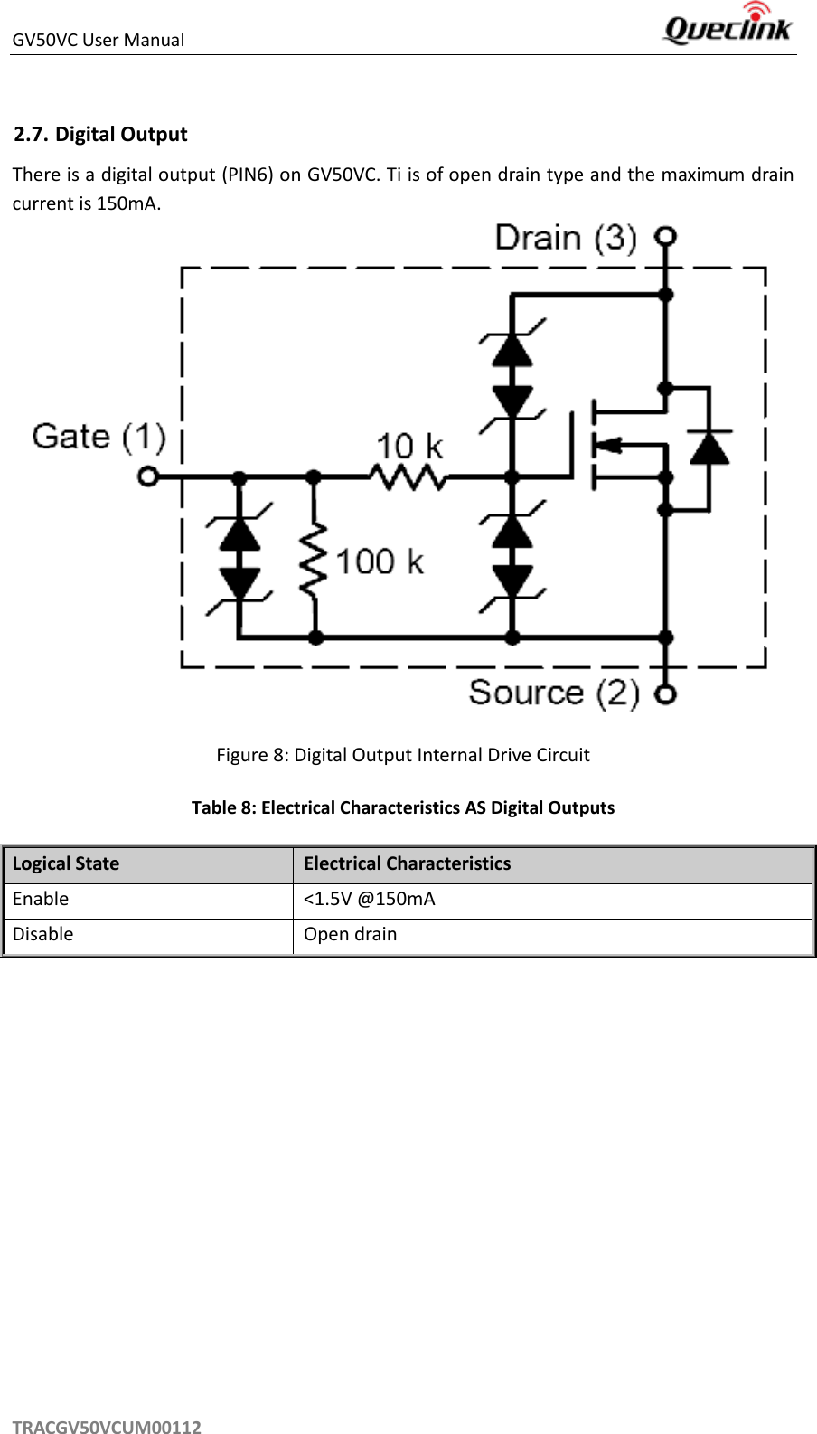 GV50VC User Manual     TRACGV50VCUM00112 There is a digital output (PIN6) on GV50VC. Ti is of open drain type and the maximum drain current is 150mA.    Figure 8: Digital Output Internal Drive Circuit Table 8: Electrical Characteristics AS Digital Outputs Logical State Electrical Characteristics Enable &lt;1.5V @150mA Disable Open drain     2.7. Digital Output 