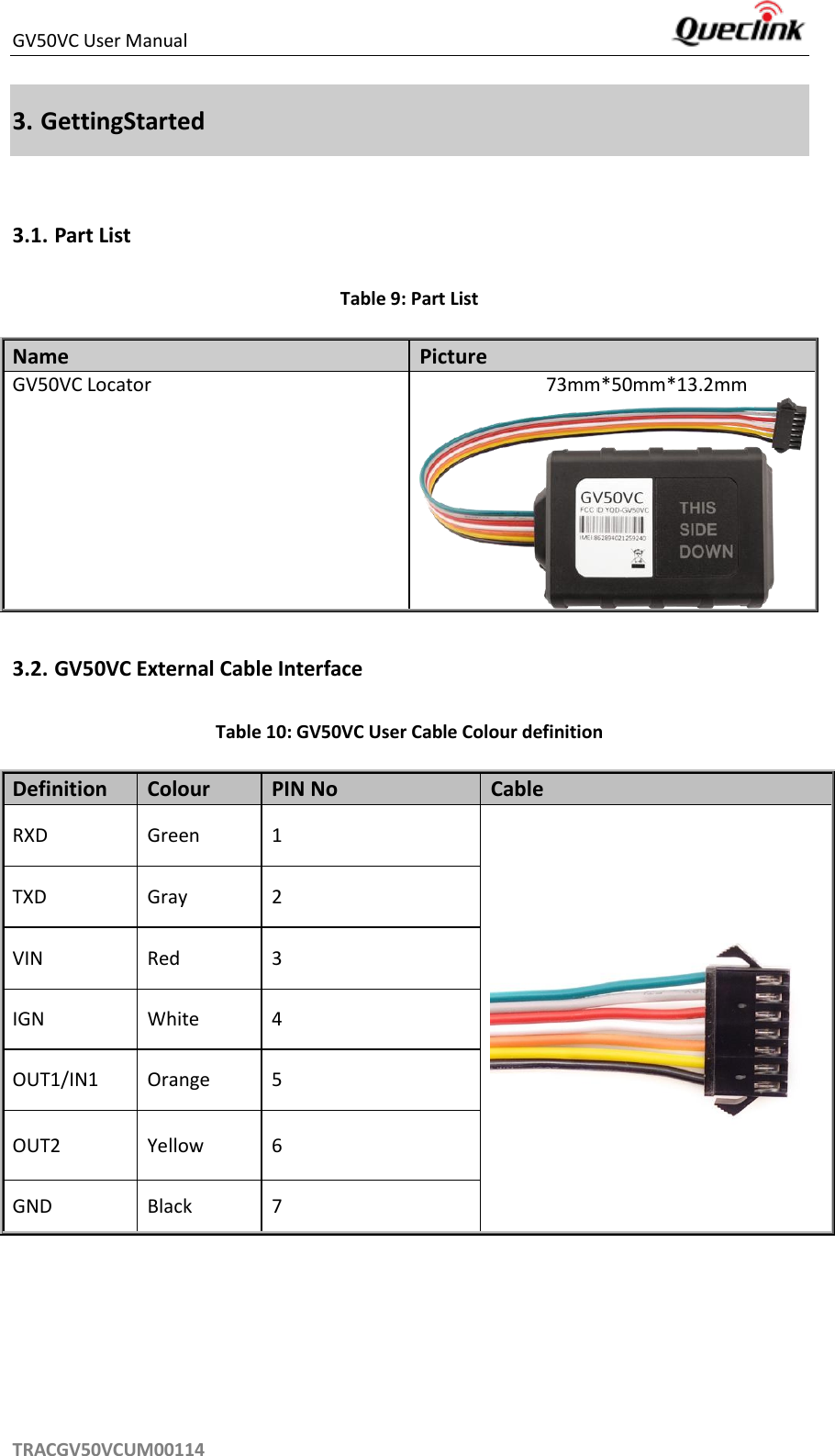 GV50VC User Manual     TRACGV50VCUM00114 3. GettingStarted  3.1. Part List Table 9: Part List Name   Picture GV50VC Locator             73mm*50mm*13.2mm   3.2. GV50VC External Cable Interface Table 10: GV50VC User Cable Colour definition Definition Colour PIN No Cable RXD Green 1   TXD Gray 2 VIN Red 3 IGN White 4 OUT1/IN1 Orange 5 OUT2 Yellow 6 GND Black 7    