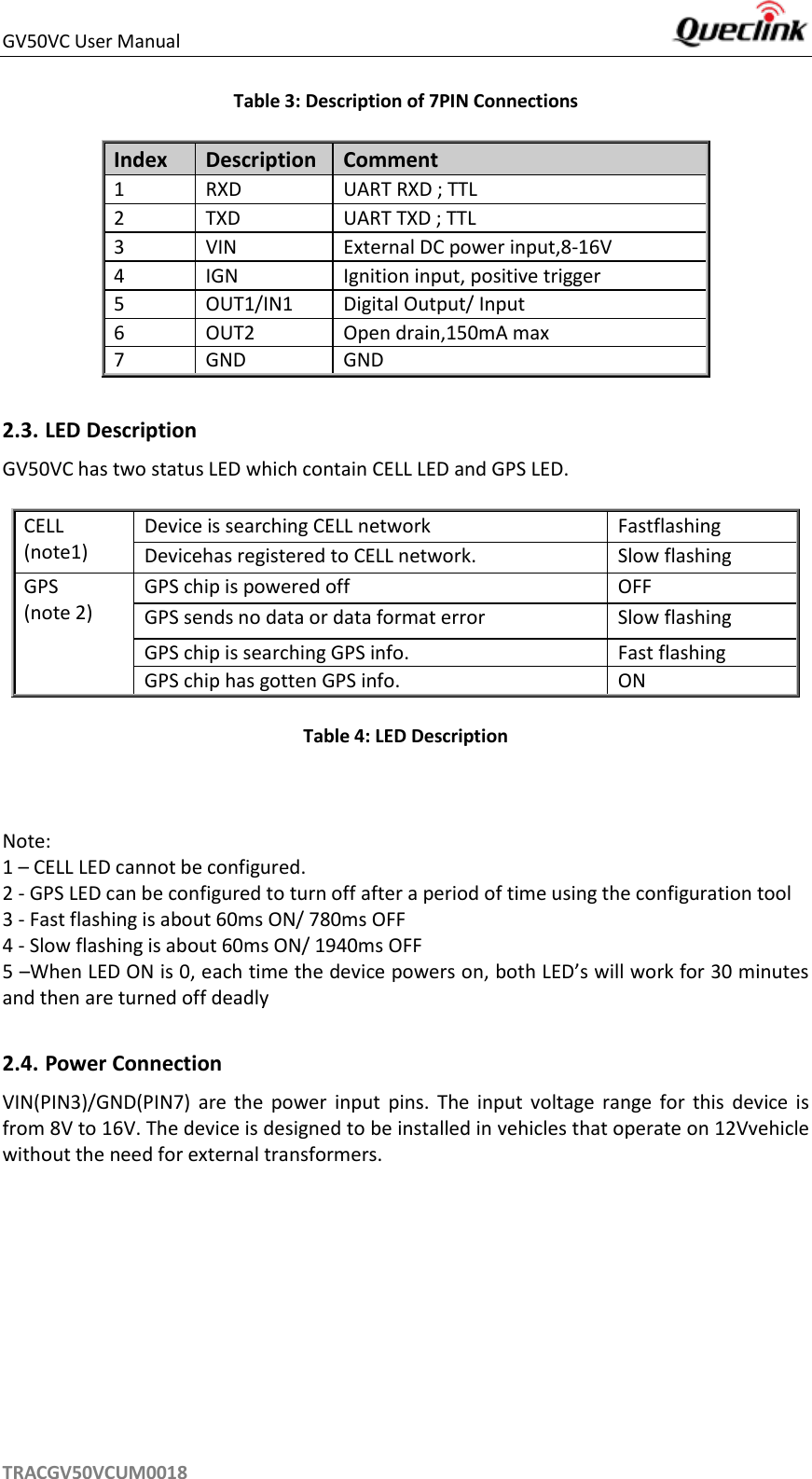 GV50VC User Manual     TRACGV50VCUM0018 Table 3: Description of 7PIN Connections Index Description Comment   1 RXD UART RXD ; TTL 2 TXD UART TXD ; TTL 3 VIN External DC power input,8-16V 4 IGN Ignition input, positive trigger 5 OUT1/IN1 Digital Output/ Input 6 OUT2 Open drain,150mA max   7 GND GND  2.3. LED Description GV50VC has two status LED which contain CELL LED and GPS LED.  CELL (note1) Device is searching CELL network   Fastflashing Devicehas registered to CELL network.   Slow flashing GPS (note 2) GPS chip is powered off OFF GPS sends no data or data format error Slow flashing GPS chip is searching GPS info.   Fast flashing GPS chip has gotten GPS info. ON Table 4: LED Description  Note: 1 – CELL LED cannot be configured. 2 - GPS LED can be configured to turn off after a period of time using the configuration tool 3 - Fast flashing is about 60ms ON/ 780ms OFF 4 - Slow flashing is about 60ms ON/ 1940ms OFF 5 –When LED ON is 0, each time the device powers on, both LED’s will work for 30 minutes and then are turned off deadly  2.4. Power Connection VIN(PIN3)/GND(PIN7)  are  the  power  input  pins.  The  input  voltage  range  for  this  device  is from 8V to 16V. The device is designed to be installed in vehicles that operate on 12Vvehicle without the need for external transformers. 