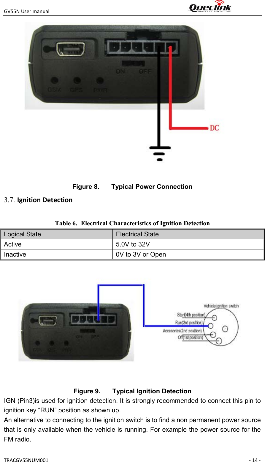 GV55NUsermanual TRACGV55NUM001 ‐14‐  Figure 8.  Typical Power Connection Table 6. Electrical Characteristics of Ignition Detection Logical State  Electrical State Active  5.0V to 32V Inactive  0V to 3V or Open   Figure 9.  Typical Ignition Detection IGN (Pin3)is used for ignition detection. It is strongly recommended to connect this pin to ignition key “RUN” position as shown up. An alternative to connecting to the ignition switch is to find a non permanent power source that is only available when the vehicle is running. For example the power source for the FM radio. 3.7. IgnitionDetection