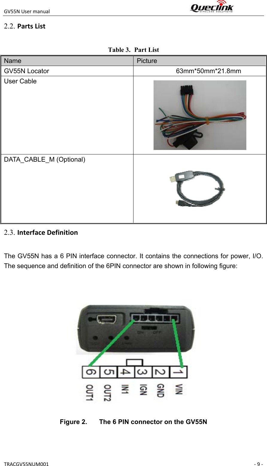 GV55NUsermanual TRACGV55NUM001 ‐9‐Table 3. Part List Name    Picture GV55N Locator                          63mm*50mm*21.8mm User Cable  DATA_CABLE_M (Optional)    The GV55N has a 6 PIN interface connector. It contains the connections for power, I/O. The sequence and definition of the 6PIN connector are shown in following figure:   Figure 2.  The 6 PIN connector on the GV55N   2.2. PartsList2.3. InterfaceDefinition