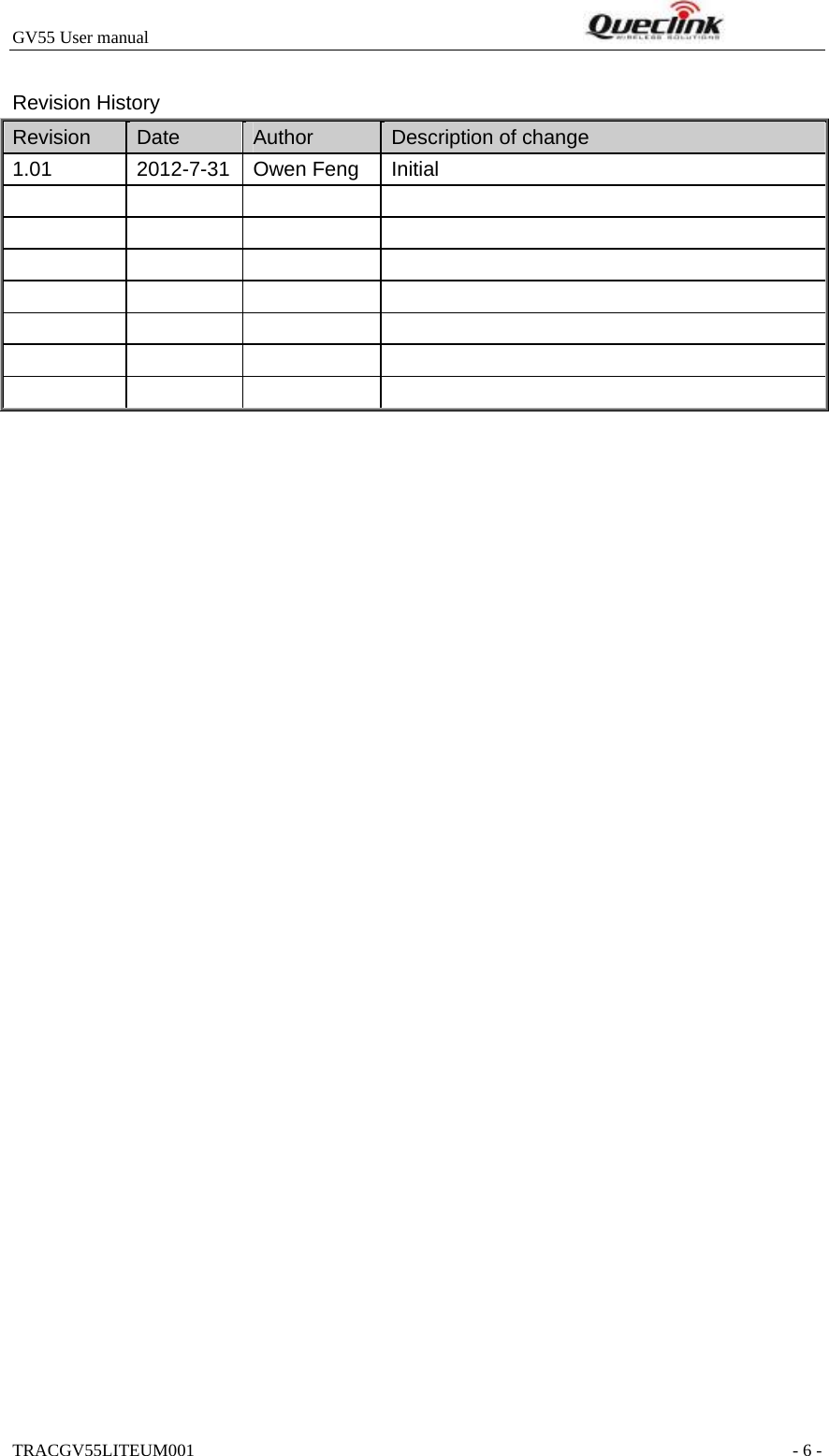 GV55 User manual                                                              TRACGV55LITEUM001                                                               - 6 -  Revision History Revision  Date  Author  Description of change 1.01 2012-7-31 Owen Feng Initial                                      