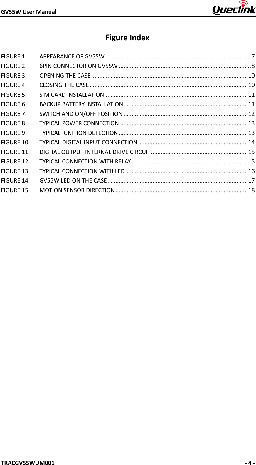 GV55W User Manual    TRACGV55WUM001   - 4 - Figure Index FIGURE 1. APPEARANCE OF GV55W .......................................................................................... 7 FIGURE 2. 6PIN CONNECTOR ON GV55W .................................................................................. 8 FIGURE 3. OPENING THE CASE ................................................................................................. 10 FIGURE 4. CLOSING THE CASE .................................................................................................. 10 FIGURE 5. SIM CARD INSTALLATION ......................................................................................... 11 FIGURE 6. BACKUP BATTERY INSTALL ATION ............................................................................. 11 FIGURE 7. SWITCH AND ON/OFF POSITION ............................................................................. 12 FIGURE 8. TYPICAL POWER CONNECTION ............................................................................... 13 FIGURE 9. TYPICAL IGNITION DETECTION ................................................................................ 13 FIGURE 10. TYPICAL DIGITAL INPUT CONNECTION .................................................................... 14 FIGURE 11. DIGITAL OUTPUT INTERNAL DRIVE CIRCUIT ............................................................ 15 FIGURE 12. TYPICAL CONNECTION WITH RELAY ........................................................................ 15 FIGURE 13. TYPICAL CONNECTION WITH LED ............................................................................ 16 FIGURE 14. GV55W LED ON THE CASE ....................................................................................... 17 FIGURE 15. MOTION SENSOR DIRECTION .................................................................................. 18 