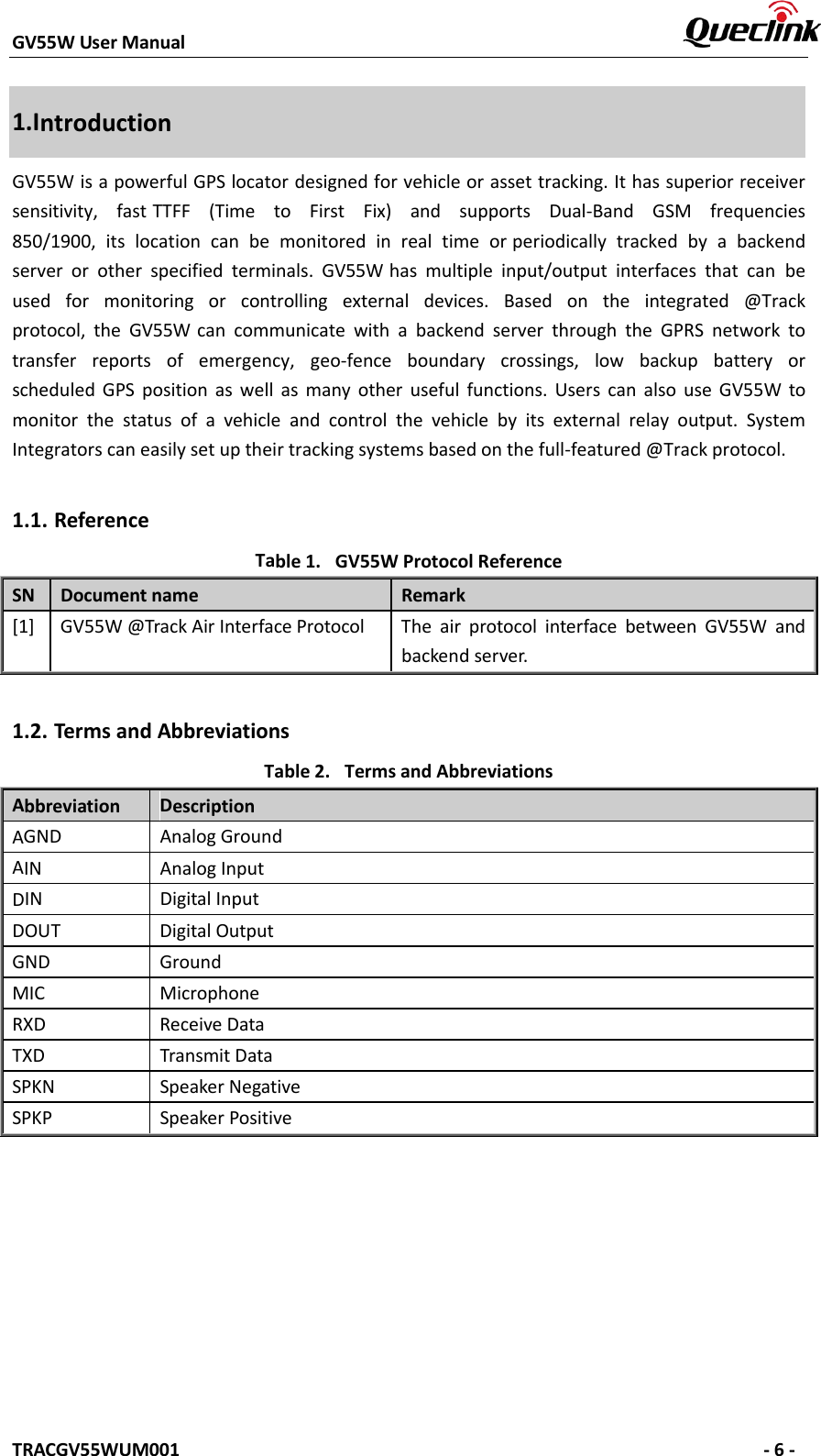 GV55W User Manual    TRACGV55WUM001   - 6 - 1.Introduction GV55W is a powerful GPS locator designed for vehicle or asset tracking. It has superior receiver sensitivity, fast TTFF (Time to First Fix) and supports Dual-Band GSM frequencies 850/1900, its location can be monitored in real time or periodically tracked by a backend server or other specified terminals. GV55W has multiple input/output interfaces that can be used  for  monitoring  or  controlling  external  devices.  Based  on  the  integrated  @Track protocol, the GV55W can  communicate  with  a backend server through  the  GPRS network to transfer  reports  of  emergency,  geo-fence  boundary  crossings,  low  backup  battery  or scheduled GPS position as well as many other useful functions. Users can also use GV55W to monitor the status of a vehicle and control the vehicle by its external relay output. System Integrators can easily set up their tracking systems based on the full-featured @Track protocol. 1.1. Reference Table 1. GV55W Protocol Reference SN Document name Remark [1]  GV55W @Track Air Interface Protocol The air protocol interface between GV55W and backend server. 1.2. Terms and Abbreviations Table 2. Terms and Abbreviations Abbreviation  Description AGND Analog Ground AIN Analog Input DIN Digital Input DOUT Digital Output GND Ground MIC Microphone RXD Receive Data TXD Transmit Data SPKN Speaker Negative SPKP Speaker Positive 