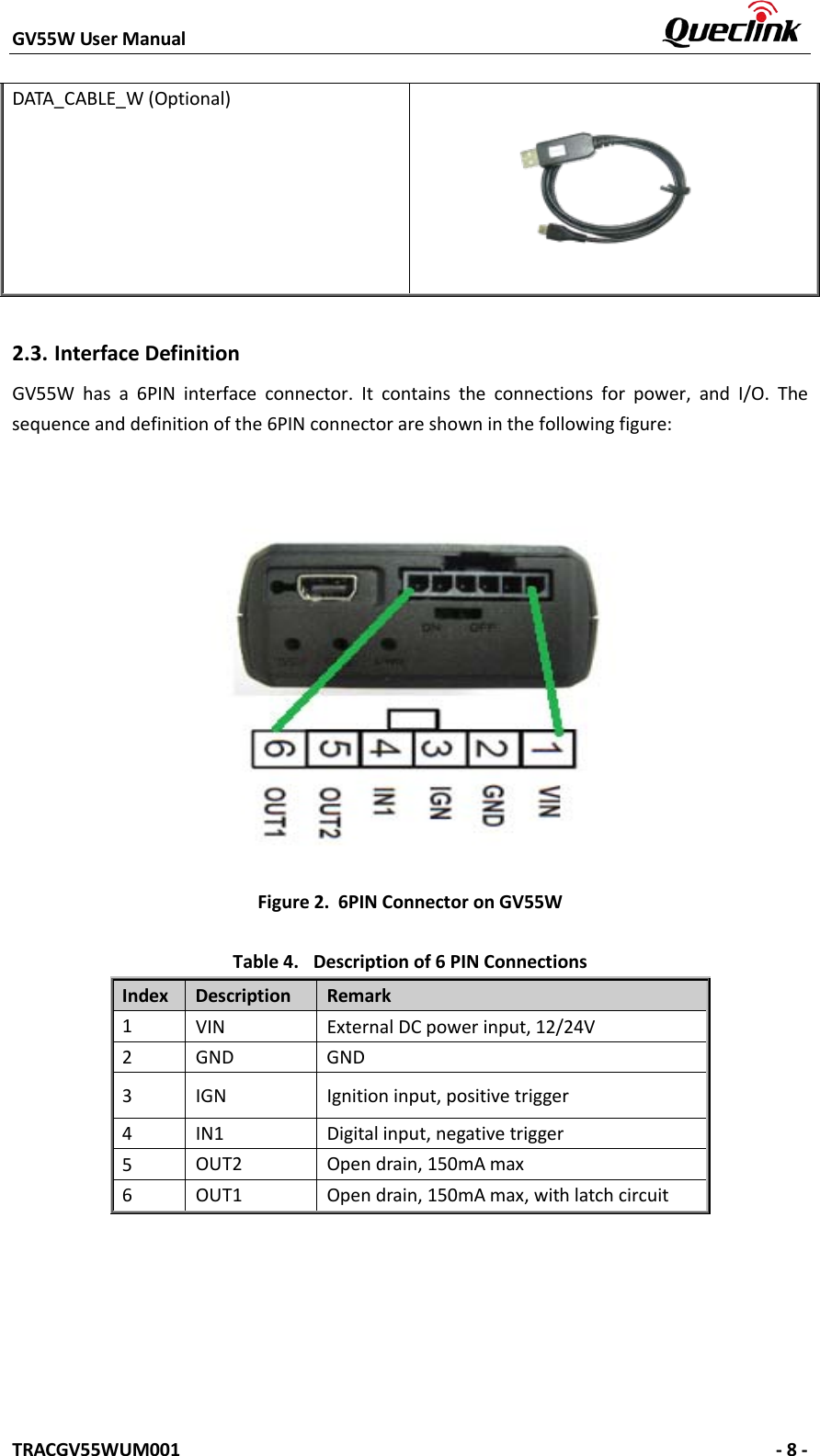 GV55W User Manual    TRACGV55WUM001   - 8 - DATA_CABLE_W (Optional) 2.3. Interface Definition GV55W has a 6PIN interface connector. It contains the connections for power, and  I/O. The sequence and definition of the 6PIN connector are shown in the following figure: Figure 2. 6PIN Connector on GV55W Table 4. Description of 6 PIN Connections Index Description Remark 1 VIN External DC power input, 12/24V 2 GND GND 3  IGN Ignition input, positive trigger 4 IN1 Digital input, negative trigger 5 OUT2 Open drain, 150mA max 6 OUT1 Open drain, 150mA max, with latch circuit 