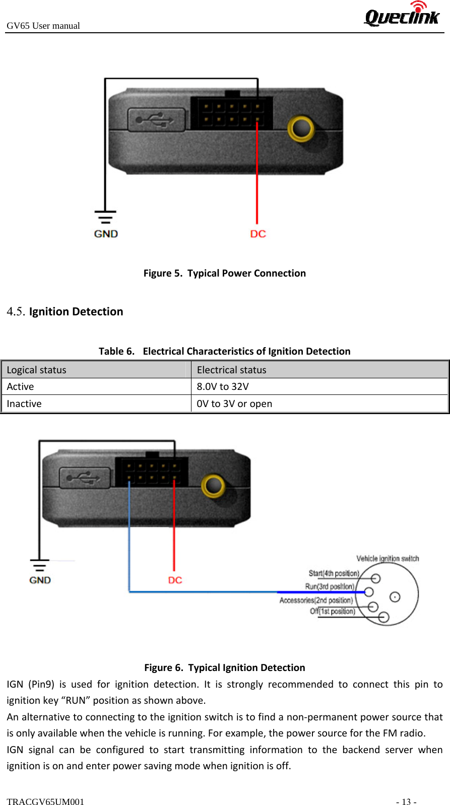 GV65 User manualTRACGV65UM001 - 13 - Figure5. TypicalPowerConnectionTable6. ElectricalCharacteristicsofIgnitionDetectionLogicalstatusElectricalstatusActive8.0Vto32VInactive0Vto3VoropenFigure6. TypicalIgnitionDetectionIGN (Pin9) is used for ignition detection. It is strongly recommended to connect this pin to ignitionkey“RUN”positionasshownabove.Analternativetoconnectingtotheignitionswitchistofindanon‐permanentpowersourcethatisonlyavailablewhenthevehicleisrunning.Forexample,thepowersourcefortheFMradio.IGN signal can be configured to start transmitting information to the backend server when ignitionisonandenterpowersavingmodewhenignitionisoff.4.5. IgnitionDetection