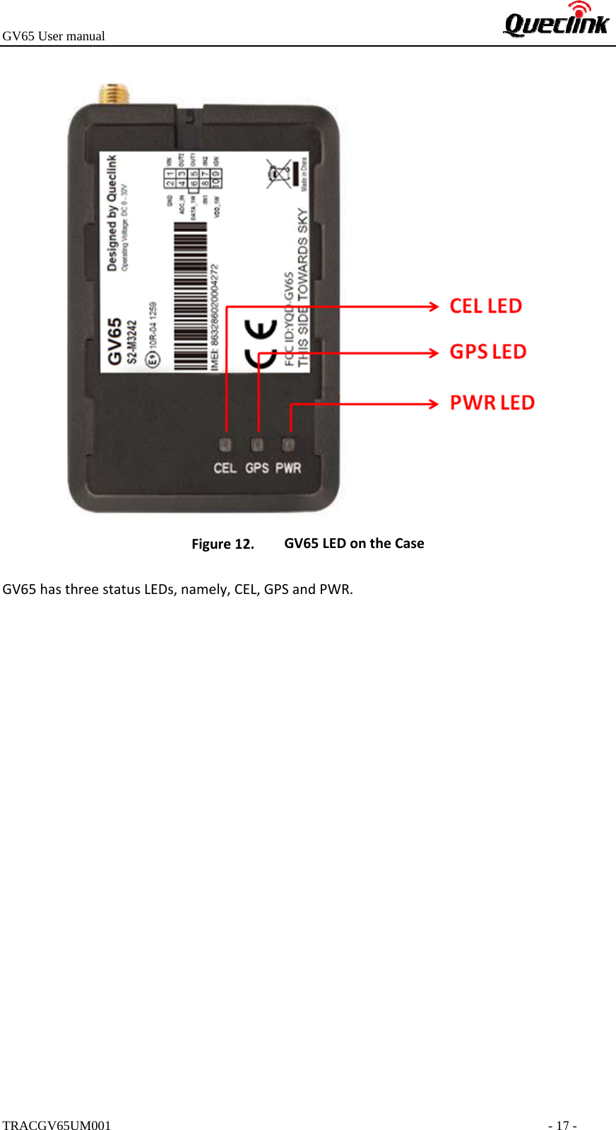 GV65 User manualTRACGV65UM001 - 17 - Figure12. GV65LEDontheCaseGV65hasthreestatusLEDs,namely,CEL,GPSandPWR.