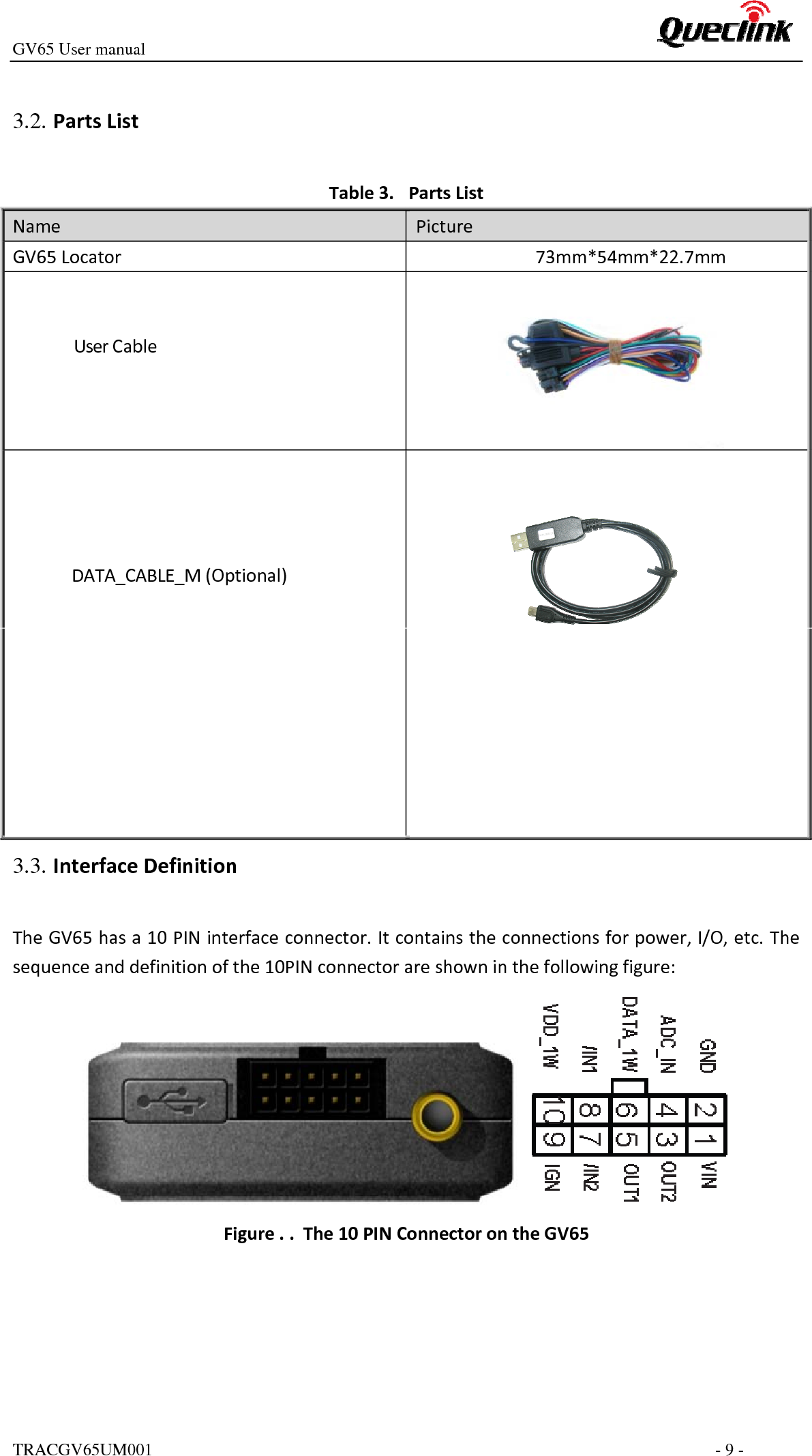 GV65 User manualTRACGV65UM001 - 9 - Table3. PartsListName PictureGV65Locator 73mm*54mm*22.7mmUserCableDATA_CABLE_M(Optional)TheGV65hasa10PINinterfaceconnector.Itcontainstheconnectionsforpower,I/O,etc.Thesequenceanddefinitionofthe10PINconnectorareshowninthefollowingfigure:Figure. . The10PINConnectorontheGV653.2. PartsList3.3. InterfaceDefinition