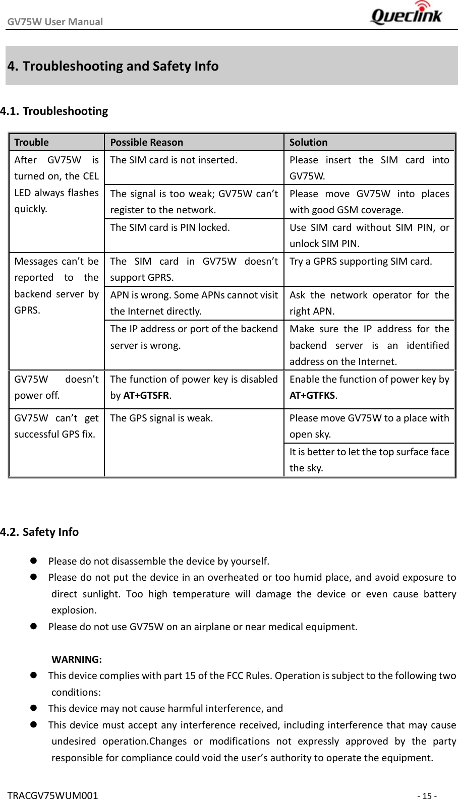 GV75WUserManual TRACGV75WUM001‐15‐4. TroubleshootingandSafetyInfo4.1. TroubleshootingTrouble PossibleReason SolutionAfter GV75W isturnedon,theCELLEDalwaysflashesquickly.TheSIMcardisnotinserted. Please insert the SIM card intoGV75W.Thesignalistooweak;GV75Wcan’tregistertothenetwork.PleasemoveGV75WintoplaceswithgoodGSMcoverage.TheSIMcardisPINlocked. Use SIM card without SIM PIN, orunlockSIMPIN.Messages can’t bereported to thebackend server byGPRS.TheSIMcardinGV75Wdoesn’tsupportGPRS.TryaGPRSsupportingSIMcard.APNiswrong.SomeAPNscannotvisittheInternetdirectly.Ask the network operator for therightAPN.TheIPaddressorportofthebackendserveriswrong. Make sure the IP address for thebackend server is an identifiedaddressontheInternet.GV75W doesn’tpoweroff.ThefunctionofpowerkeyisdisabledbyAT+GTSFR.EnablethefunctionofpowerkeybyAT+GTFKS.GV75Wcan’tgetsuccessfulGPSfix.TheGPSsignalisweak. PleasemoveGV75Wtoaplacewithopensky.Itisbettertoletthetopsurfacefacethesky. 4.2. SafetyInfo Pleasedonotdisassemblethedevicebyyourself.  Pleasedonotputthedeviceinanoverheatedortoohumidplace,andavoidexposuretodirect sunlight. Too high temperature will damage the device or even cause batteryexplosion.  PleasedonotuseGV75Wonanairplaneornearmedicalequipment.WARNING: Thisdevicecomplieswithpart15oftheFCCRules.Operationissubjecttothefollowingtwoconditions: Thisdevicemaynotcauseharmfulinterference,and  Thisdevicemustacceptanyinterferencereceived,includinginterferencethatmaycauseundesired operation.Changes or modifications not expressly approved by the partyresponsibleforcompliancecouldvoidtheuser’sauthoritytooperatetheequipment.