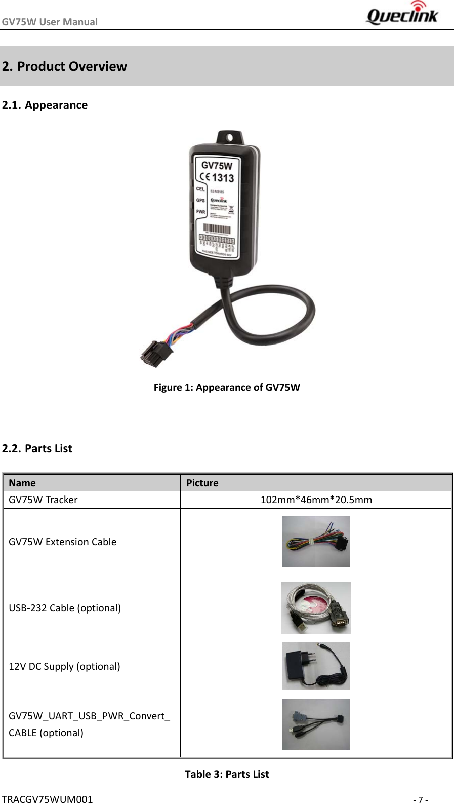 GV75WUserManual TRACGV75WUM001‐7‐2. ProductOverview2.1. AppearanceFigure1:AppearanceofGV75W2.2. PartsListTable3:PartsListName  PictureGV75WTracker 102mm*46mm*20.5mmGV75WExtensionCableUSB‐232Cable(optional)12VDCSupply(optional) GV75W_UART_USB_PWR_Convert_CABLE(optional) 