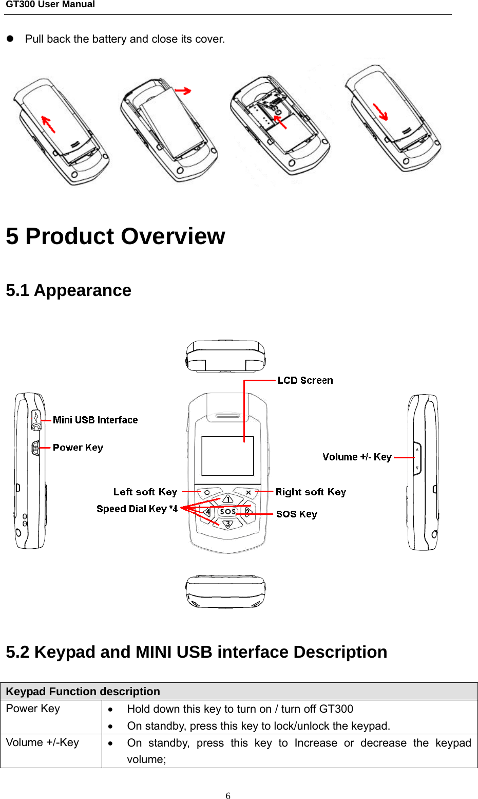 GT300 User Manual                                                  6 z  Pull back the battery and close its cover.  5 Product Overview 5.1 Appearance  5.2 Keypad and MINI USB interface Description Keypad Function description Power Key  •  Hold down this key to turn on / turn off GT300 •  On standby, press this key to lock/unlock the keypad. Volume +/-Key  •  On standby, press this key to Increase or decrease the keypad volume; 