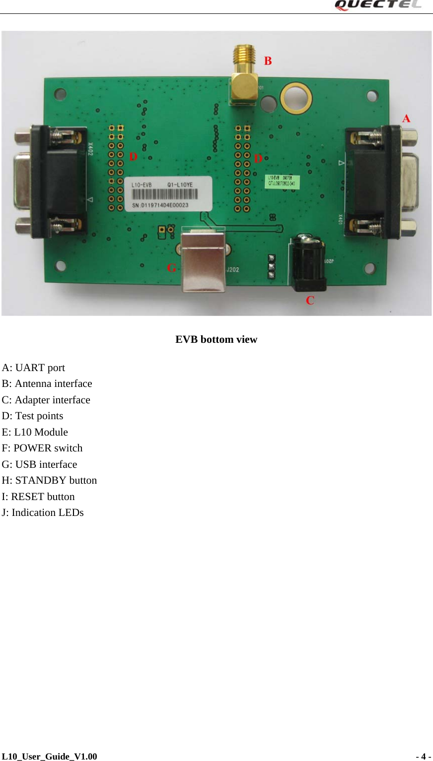                                                                      EVB bottom view A: UART port B: Antenna interface C: Adapter interface D: Test points E: L10 Module F: POWER switch G: USB interface H: STANDBY button I: RESET button J: Indication LEDs L10_User_Guide_V1.00                                                                     - 4 -   