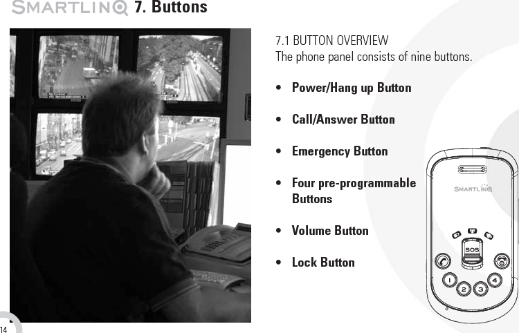 7.1 BUTTON OVERVIEWThe phone panel consists of nine buttons.• Power/Hang up Button• Call/Answer Button• Emergency Button• Four pre-programmable Buttons• Volume Button • Lock Button 7. Buttons14