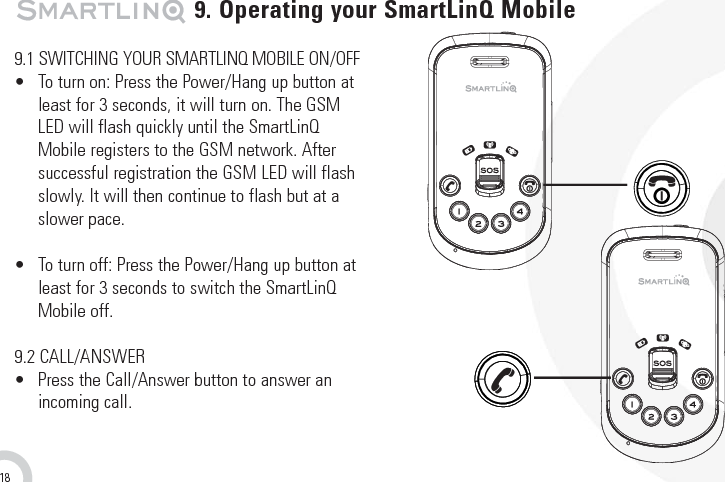 189.1 SWITCHING YOUR SMARTLINQ MOBILE ON/OFF•  To turn on: Press the Power/Hang up button atleast for 3 seconds, it will turn on. The GSMLED will flash quickly until the SmartLinQMobile registers to the GSM network. Aftersuccessful registration the GSM LED will flashslowly. It will then continue to flash but at aslower pace.•  To turn off: Press the Power/Hang up button atleast for 3 seconds to switch the SmartLinQMobile off. 9.2 CALL/ANSWER•  Press the Call/Answer button to answer an incoming call. 9. Operating your SmartLinQ Mobile