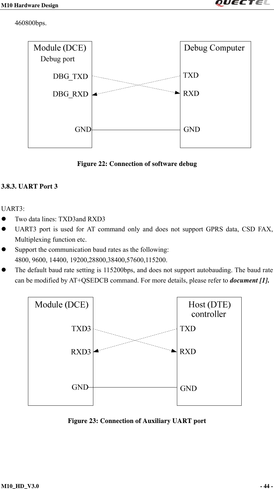M10 Hardware Design                                                                 M10_HD_V3.0                                                                      - 44 -  460800bps.    Figure 22: Connection of software debug3.8.3. UART Port 3 UART3:  Two data lines: TXD3and RXD3  UART3 port is used for AT command only and does not support GPRS data, CSD FAX, Multiplexing function etc.    Support the communication baud rates as the following: 4800, 9600, 14400, 19200,28800,38400,57600,115200.  The default baud rate setting is 115200bps, and does not support autobauding. The baud rate can be modified by AT+QSEDCB command. For more details, please refer to document [1].   Figure 23: Connection of Auxiliary UART port   