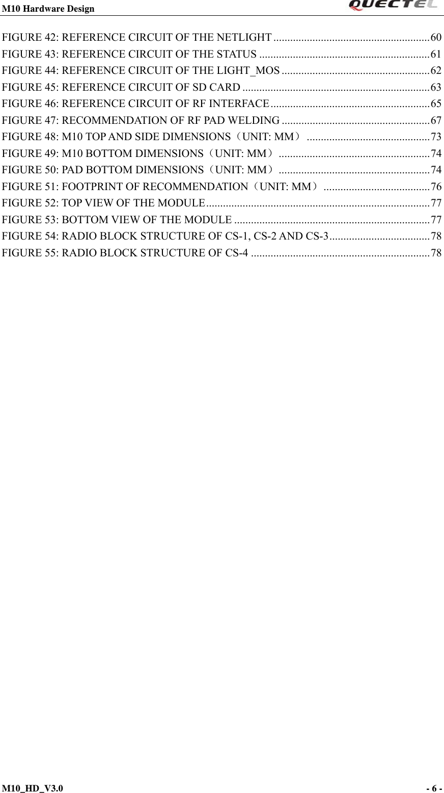 M10 Hardware Design                                                                 M10_HD_V3.0                                                                      - 6 -  FIGURE 42: REFERENCE CIRCUIT OF THE NETLIGHT ........................................................ 60FIGURE 43: REFERENCE CIRCUIT OF THE STATUS ............................................................. 61FIGURE 44: REFERENCE CIRCUIT OF THE LIGHT_MOS ..................................................... 62FIGURE 45: REFERENCE CIRCUIT OF SD CARD ................................................................... 63FIGURE 46: REFERENCE CIRCUIT OF RF INTERFACE ......................................................... 65FIGURE 47: RECOMMENDATION OF RF PAD WELDING ..................................................... 67FIGURE 48: M10 TOP AND SIDE DIMENSIONS（UNIT: MM） ............................................ 73FIGURE 49: M10 BOTTOM DIMENSIONS（UNIT: MM） ...................................................... 74FIGURE 50: PAD BOTTOM DIMENSIONS（UNIT: MM） ...................................................... 74FIGURE 51: FOOTPRINT OF RECOMMENDATION（UNIT: MM） ...................................... 76FIGURE 52: TOP VIEW OF THE MODULE ................................................................................ 77FIGURE 53: BOTTOM VIEW OF THE MODULE ...................................................................... 77FIGURE 54: RADIO BLOCK STRUCTURE OF CS-1, CS-2 AND CS-3 .................................... 78FIGURE 55: RADIO BLOCK STRUCTURE OF CS-4 ................................................................ 78  