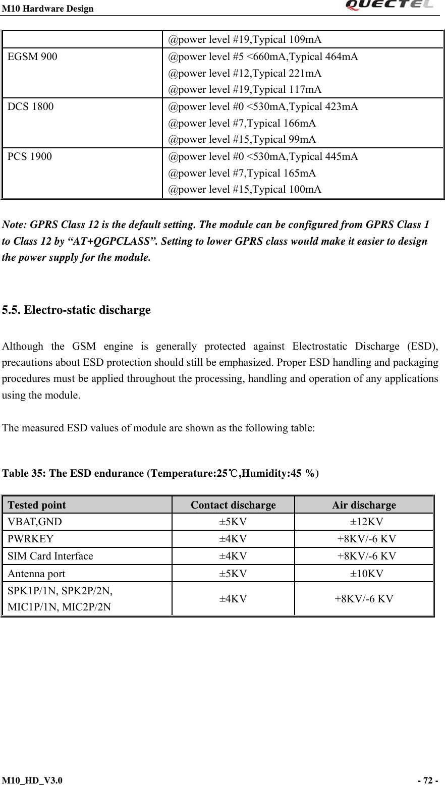 M10 Hardware Design                                                                 M10_HD_V3.0                                                                      - 72 -  @power level #19,Typical 109mA EGSM 900  @power level #5 &lt;660mA,Typical 464mA @power level #12,Typical 221mA @power level #19,Typical 117mA DCS 1800  @power level #0 &lt;530mA,Typical 423mA @power level #7,Typical 166mA @power level #15,Typical 99mA PCS 1900  @power level #0 &lt;530mA,Typical 445mA @power level #7,Typical 165mA @power level #15,Typical 100mA  Note: GPRS Class 12 is the default setting. The module can be configured from GPRS Class 1 to Class 12 by “AT+QGPCLASS”. Setting to lower GPRS class would make it easier to design the power supply for the module.  5.5. Electro-static discharge   Although the GSM engine is generally protected against Electrostatic Discharge (ESD), precautions about ESD protection should still be emphasized. Proper ESD handling and packaging procedures must be applied throughout the processing, handling and operation of any applications using the module.  The measured ESD values of module are shown as the following table:  Table 35: The ESD endurance (Temperature:25℃,Humidity:45 %) Tested point  Contact discharge  Air discharge VBAT,GND ±5KV  ±12KV PWRKEY ±4KV  +8KV/-6 KV SIM Card Interface  ±4KV    +8KV/-6 KV Antenna port    ±5KV    ±10KV SPK1P/1N, SPK2P/2N, MIC1P/1N, MIC2P/2N  ±4KV +8KV/-6 KV   