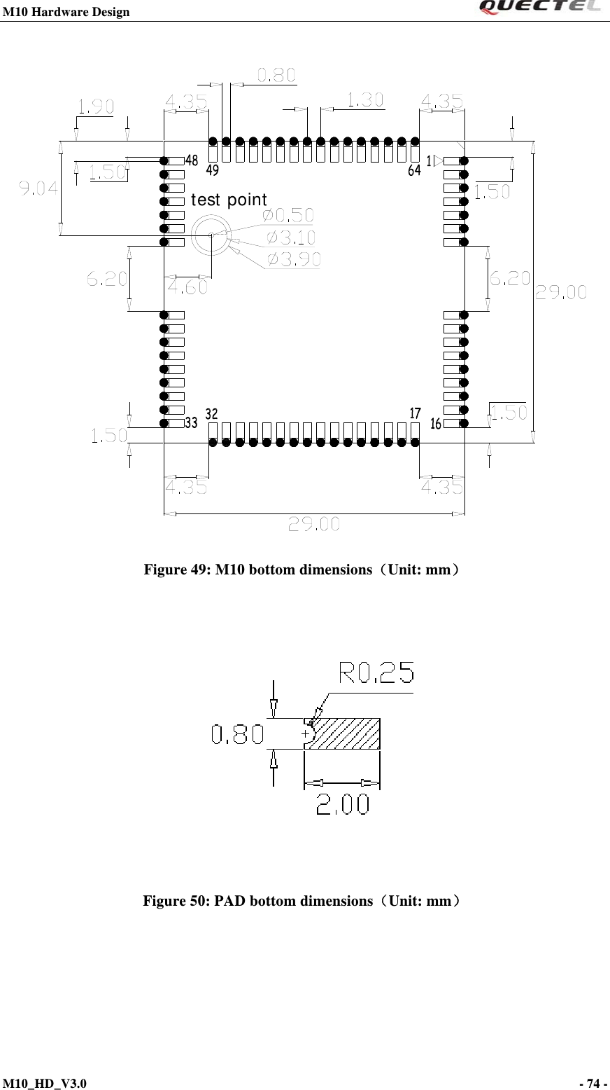 M10 Hardware Design                                                                 M10_HD_V3.0                                                                      - 74 -  test point Figure 49: M10 bottom dimensions（Unit: mm）  Figure 50: PAD bottom dimensions（Unit: mm）   