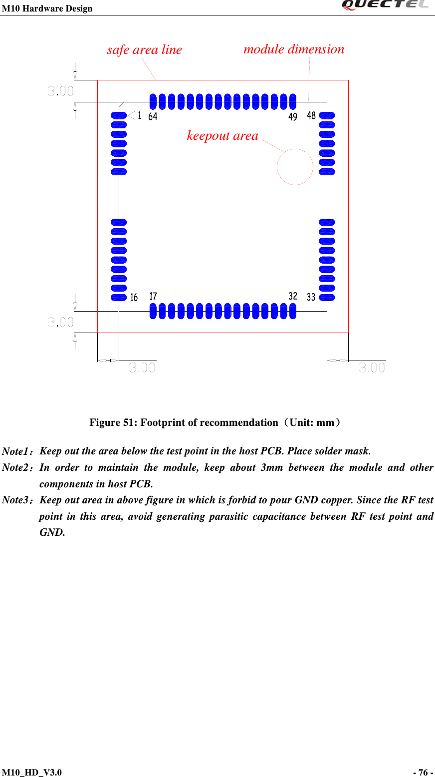 M10 Hardware Design                                                                 M10_HD_V3.0                                                                      - 76 -  keepout areamodule dimensionsafe area line  Figure 51: Footprint of recommendation（Unit: mm） Note1：Keep out the area below the test point in the host PCB. Place solder mask. Note2：In order to maintain the module, keep about 3mm between the module and other components in host PCB. Note3：Keep out area in above figure in which is forbid to pour GND copper. Since the RF test point in this area, avoid generating parasitic capacitance between RF test point and GND. 