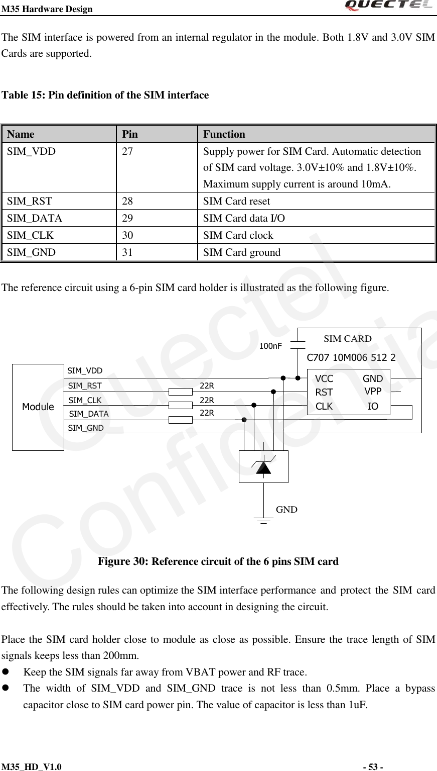 M35 Hardware Design                                                                  M35_HD_V1.0                                                                                                                         - 53 -    The SIM interface is powered from an internal regulator in the module. Both 1.8V and 3.0V SIM Cards are supported. Table 15: Pin definition of the SIM interface  The reference circuit using a 6-pin SIM card holder is illustrated as the following figure.  Module22R22R22RC707 10M006 512 2SIM CARDGNDSIM_VDDSIM_RSTSIM_CLKSIM_DATASIM_GND100nFVCCRSTCLKGNDVPPIO Figure 30: Reference circuit of the 6 pins SIM card The following design rules can optimize the SIM interface performance and protect the SIM card effectively. The rules should be taken into account in designing the circuit.  Place the SIM card holder close to module as close as possible. Ensure the trace length of SIM signals keeps less than 200mm.  Keep the SIM signals far away from VBAT power and RF trace.  The  width  of  SIM_VDD  and  SIM_GND  trace  is  not  less  than  0.5mm.  Place  a  bypass capacitor close to SIM card power pin. The value of capacitor is less than 1uF. Name Pin Function SIM_VDD 27 Supply power for SIM Card. Automatic detection of SIM card voltage. 3.0V±10% and 1.8V±10%. Maximum supply current is around 10mA. SIM_RST 28 SIM Card reset SIM_DATA 29 SIM Card data I/O SIM_CLK 30 SIM Card clock SIM_GND 31 SIM Card ground QuectelConfidential