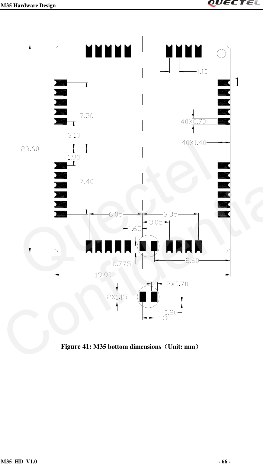 M35 Hardware Design                                                                  M35_HD_V1.0                                                                                                                         - 66 -    1Figure 41: M35 bottom dimensions（Unit: mm）  QuectelConfidential