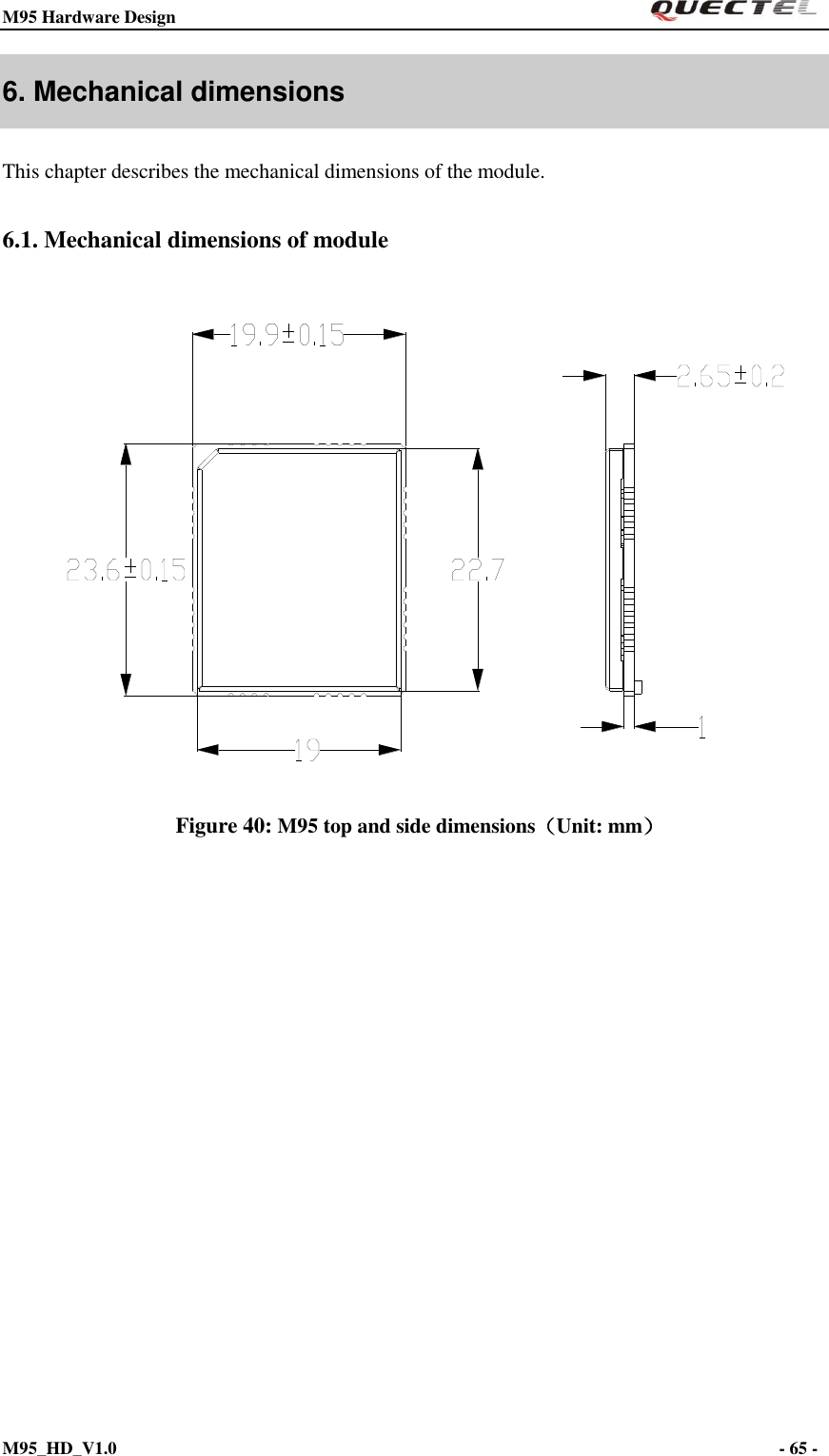 M95 Hardware Design                                                       M95_HD_V1.0                                                                - 65 -    6. Mechanical dimensions This chapter describes the mechanical dimensions of the module. 6.1. Mechanical dimensions of module    Figure 40: M95 top and side dimensions（Unit: mm） 