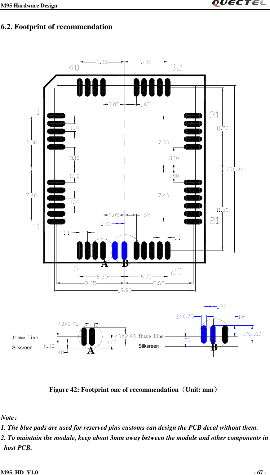 M95 Hardware Design                                                       M95_HD_V1.0                                                                - 67 -    6.2. Footprint of recommendation BBAASilksreen Silksreenframe line frame line Figure 42: Footprint one of recommendation（Unit: mm）  Note： 1. The blue pads are used for reserved pins customs can design the PCB decal without them.   2. To maintain the module, keep about 3mm away between the module and other components in host PCB. 