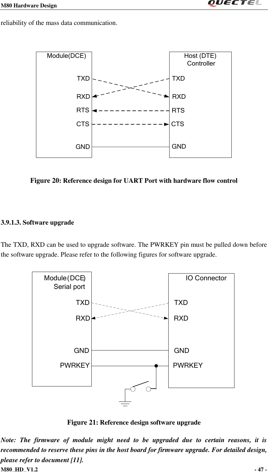 M80 Hardware Design                                                                M80_HD_V1.2                                                                                                                                        - 47 -    reliability of the mass data communication.  Host (DTE) Controller         Module(DCE)RTSCTSRTSCTSGNDRXDTXD TXDRXDGND Figure 20: Reference design for UART Port with hardware flow control  3.9.1.3. Software upgrade The TXD, RXD can be used to upgrade software. The PWRKEY pin must be pulled down before the software upgrade. Please refer to the following figures for software upgrade.     IO Connector TXDRXDGNDPWRKEY Module (DCE)     Serial portTXDRXDGNDPWRKEY Figure 21: Reference design software upgrade Note:  The  firmware  of  module  might  need  to  be  upgraded  due  to  certain  reasons,  it  is recommended to reserve these pins in the host board for firmware upgrade. For detailed design, please refer to document [11]. 