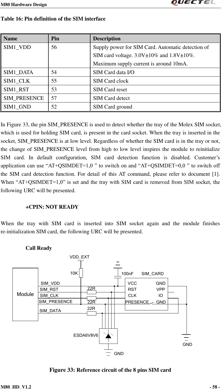 M80 Hardware Design                                                                M80_HD_V1.2                                                                                                                                        - 58 -    Table 16: Pin definition of the SIM interface  In Figure 33, the pin SIM_PRESENCE is used to detect whether the tray of the Molex SIM socket, which is used for holding SIM card, is present in the card socket. When the tray is inserted in the socket, SIM_PRESENCE is at low level. Regardless of whether the SIM card is in the tray or not, the change of SIM_PRESENCE level from high to low level inspires the module to reinitialize SIM  card.  In  default  configuration,  SIM  card  detection  function  is  disabled.  Customer’s application can use “AT+QSIMDET=1,0 ” to switch on and “AT+QSIMDET=0,0 ” to switch off the SIM card detection  function. For detail of this AT command, please refer to document [1]. When “AT+QSIMDET=1,0” is set and the tray with SIM card is removed from SIM socket, the following URC will be presented.        +CPIN: NOT READY  When  the  tray  with  SIM  card  is  inserted  into  SIM  socket  again  and  the  module  finishes               re-initialization SIM card, the following URC will be presented.      Call Ready ModuleSIM_VDDSIM_RSTSIM_CLKSIM_DATASIM_PRESENCE22R22R22RVCCRSTCLK IOVPPGNDVDD_EXT10K 100nF SIM_CARDGNDGNDESDA6V8V6GNDPRESENCE Figure 33: Reference circuit of the 8 pins SIM card Name Pin Description SIM1_VDD 56 Supply power for SIM Card. Automatic detection of SIM card voltage. 3.0V±10% and 1.8V±10%. Maximum supply current is around 10mA. SIM1_DATA 54 SIM Card data I/O SIM1_CLK 55 SIM Card clock SIM1_RST 53 SIM Card reset SIM_PRESENCE 57 SIM Card detect SIM1_GND 52 SIM Card ground 