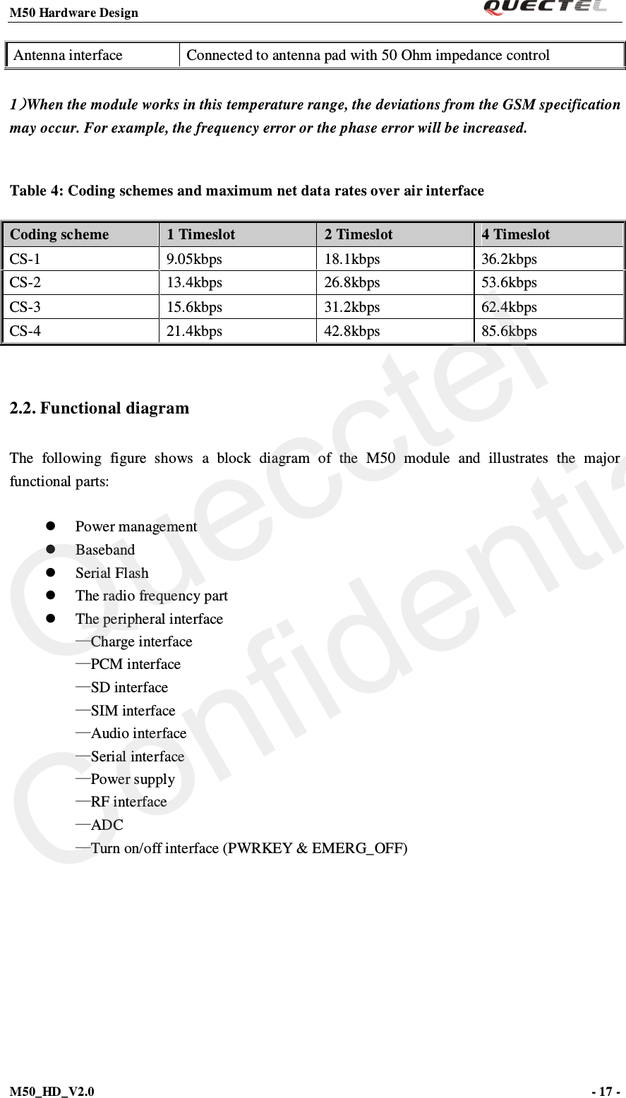M50 Hardware Design                                                                M50_HD_V2.0                                                                      - 17 -   Antenna interface Connected to antenna pad with 50 Ohm impedance control  1）When the module works in this temperature range, the deviations from the GSM specification may occur. For example, the frequency error or the phase error will be increased.  Table 4: Coding schemes and maximum net data rates over air interface Coding scheme 1 Timeslot 2 Timeslot 4 Timeslot CS-1  9.05kbps 18.1kbps 36.2kbps CS-2  13.4kbps 26.8kbps 53.6kbps CS-3  15.6kbps 31.2kbps 62.4kbps CS-4  21.4kbps 42.8kbps 85.6kbps  2.2. Functional diagram   The following figure shows a block diagram of the M50  module and illustrates  the major functional parts:   Power management  Baseband  Serial Flash  The radio frequency part  The peripheral interface —Charge interface —PCM interface —SD interface —SIM interface —Audio interface —Serial interface —Power supply —RF interface —ADC —Turn on/off interface (PWRKEY &amp; EMERG_OFF) Quecctel Confidential