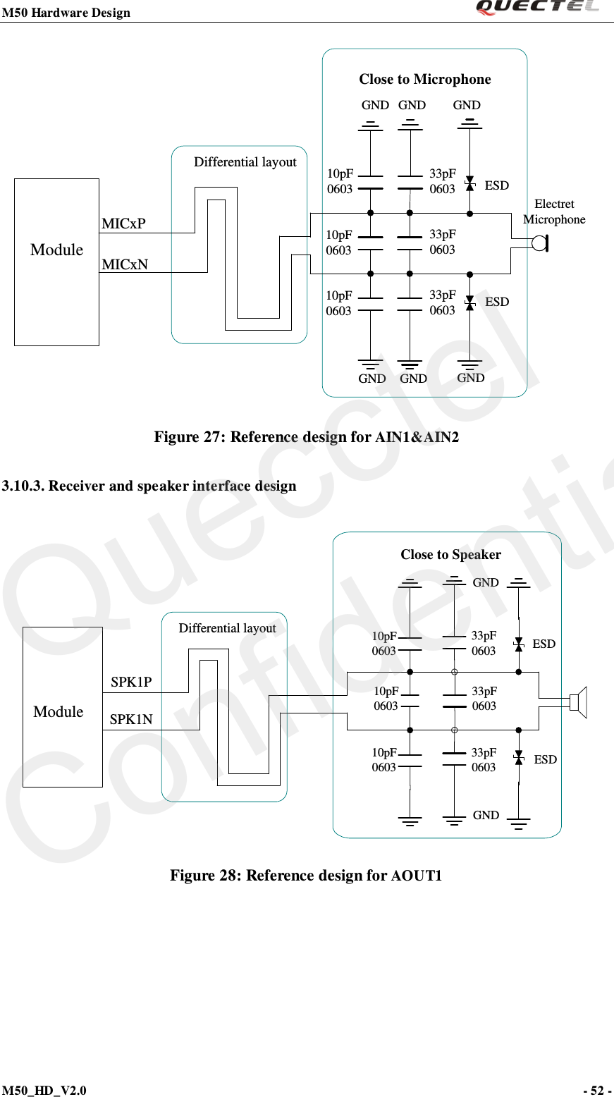 M50 Hardware Design                                                                M50_HD_V2.0                                                                      - 52 -   Close to MicrophoneMICxPMICxNGNDGNDDifferential layoutModuleElectret MicrophoneGNDGND GNDGNDESD ESD10pF060310pF060310pF060333pF060333pF060333pF0603 Figure 27: Reference design for AIN1&amp;AIN2 3.10.3. Receiver and speaker interface design SPK1PSPK1NDifferential layout 10pF060310pF060333pF060333pF060333pF0603Close to SpeakerGNDGND10pF0603ESD ESD Module Figure 28: Reference design for AOUT1  Quecctel Confidential