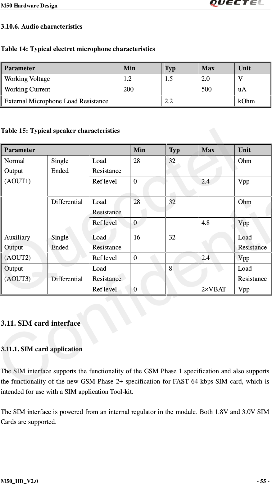 M50 Hardware Design                                                                M50_HD_V2.0                                                                      - 55 -   3.10.6. Audio characteristics Table 14: Typical electret microphone characteristics Parameter Min Typ Max Unit Working Voltage 1.2 1.5 2.0  V Working Current 200    500 uA External Microphone Load Resistance    2.2    kOhm  Table 15: Typical speaker characteristics Parameter Min Typ Max Unit Normal Output (AOUT1) Single Ended   Load Resistance 28  32    Ohm Ref level  0    2.4 Vpp  Differential  Load Resistance 28  32    Ohm Ref level  0    4.8 Vpp Auxiliary Output (AOUT2) Single Ended   Load Resistance 16  32    Load Resistance Ref level  0    2.4 Vpp Output (AOUT3) Differential Load Resistance   8    Load Resistance Ref level  0    2×V B AT  Vpp  3.11. SIM card interface 3.11.1. SIM card application The SIM interface supports the functionality of the GSM Phase 1 specification and also supports the functionality of the new GSM Phase 2+ specification for FAST 64 kbps SIM card, which is intended for use with a SIM application Tool-kit.  The SIM interface is powered from an internal regulator in the module. Both 1.8V and 3.0V SIM Cards are supported.   Quecctel Confidential