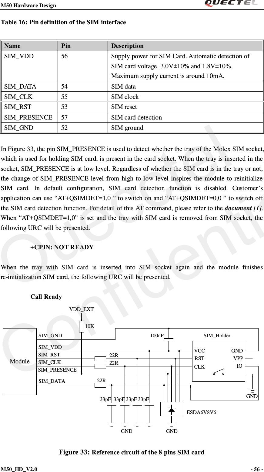 M50 Hardware Design                                                                M50_HD_V2.0                                                                      - 56 -   Table 16: Pin definition of the SIM interface  In Figure 33, the pin SIM_PRESENCE is used to detect whether the tray of the Molex SIM socket, which is used for holding SIM card, is present in the card socket. When the tray is inserted in the socket, SIM_PRESENCE is at low level. Regardless of whether the SIM card is in the tray or not, the change of SIM_PRESENCE level from high to low level inspires the module to reinitialize SIM card. In default configuration, SIM card detection function is disabled. Customer’s application can use “AT+QSIMDET=1,0 ” to switch on and “AT+QSIMDET=0,0 ” to switch off the SIM card detection function. For detail of this AT command, please refer to the document [1]. When “AT+QSIMDET=1,0” is set and the tray with SIM card is removed from SIM socket, the following URC will be presented.       +CPIN: NOT READY  When the tray with SIM card is inserted into SIM socket again and the module finishes        re-initialization SIM card, the following URC will be presented.      Call Ready ModuleSIM_VDDSIM_GNDSIM_RSTSIM_CLKSIM_DATASIM_PRESENCE22R22R22RVDD_EXT10K100nF SIM_HolderGNDGNDESDA6V8V633pF33pF 33pF 33pFVCCRSTCLK IOVPPGNDGND Figure 33: Reference circuit of the 8 pins SIM card Name Pin Description SIM_VDD 56  Supply power for SIM Card. Automatic detection of SIM card voltage. 3.0V±10% and 1.8V±10%. Maximum supply current is around 10mA. S I M _ D ATA   54  SIM data SIM_CLK  55  SIM clock SIM_RST 53 SIM reset SIM_PRESENCE 57 SIM card detection SIM_GND 52 SIM ground Quecctel Confidential