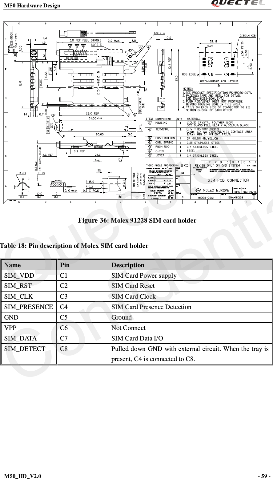 M50 Hardware Design                                                                M50_HD_V2.0                                                                      - 59 -    Figure 36: Molex 91228 SIM card holder Table 18: Pin description of Molex SIM card holder Name Pin Description SIM_VDD C1 SIM Card Power supply SIM_RST C2 SIM Card Reset SIM_CLK C3 SIM Card Clock SIM_PRESENCE C4 SIM Card Presence Detection GND C5 Ground VPP C6 Not Connect S I M _ D ATA  C7 SIM Card Data I/O SIM_DETECT C8 Pulled down GND with external circuit. When the tray is present, C4 is connected to C8.   Quecctel Confidential