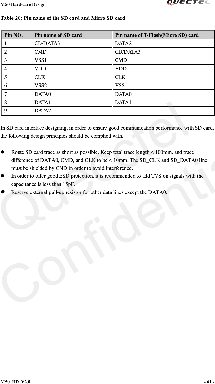 M50 Hardware Design                                                                M50_HD_V2.0                                                                      - 61 -   Table 20: Pin name of the SD card and Micro SD card  In SD card interface designing, in order to ensure good communication performance with SD card, the following design principles should be complied with.     Route SD card trace as short as possible. Keep total trace length &lt; 100mm, and trace difference of DATA0, CMD, and CLK to be &lt; 10mm. The SD_CLK and SD_DATA0 line must be shielded by GND in order to avoid interference.  In order to offer good ESD protection, it is recommended to add TVS on signals with the capacitance is less than 15pF.  Reserve external pull-up resistor for other data lines except the DATA0.    Pin NO. Pin name of SD card Pin name of T-Flash(Micro SD) card 1  CD/DATA3 DATA2 2  CMD    CD/DATA3 3  VSS1 CMD 4  VDD  VDD 5  CLK CLK 6  VSS2 VSS 7  DATA0 DATA0 8  DATA1 DATA1 9  DATA2   Quecctel Confidential