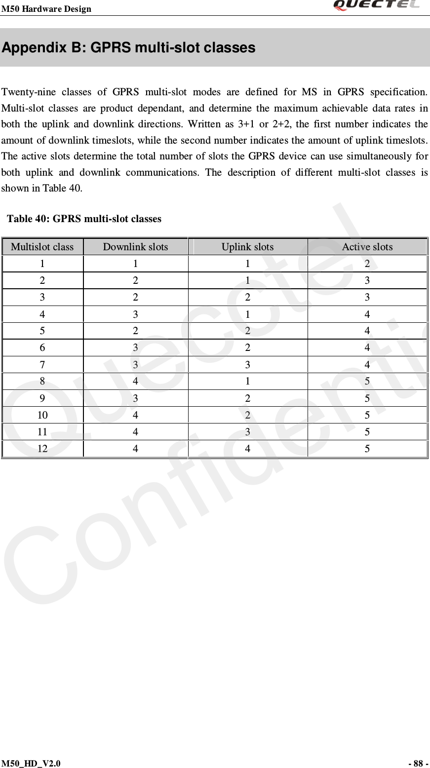 M50 Hardware Design                                                                M50_HD_V2.0                                                                      - 88 -   Appendix B: GPRS multi-slot classes Twenty-nine  classes of GPRS multi-slot modes are defined for MS in GPRS specification. Multi-slot classes are product dependant, and determine the maximum achievable data rates in both the uplink and downlink directions. Written as 3+1 or 2+2, the first number indicates the amount of downlink timeslots, while the second number indicates the amount of uplink timeslots. The active slots determine the total number of slots the GPRS device can use simultaneously for both uplink and downlink communications.  The description of different multi-slot classes is shown in Table 40.  Table 40: GPRS multi-slot classes Multislot class Downlink slots Uplink slots Active slots 1  1  1  2 2  2  1  3 3  2  2  3 4  3  1  4 5  2  2  4 6  3  2  4 7  3  3  4 8  4  1  5 9  3  2  5 10  4  2  5 11  4  3  5 12  4  4  5 Quecctel Confidential