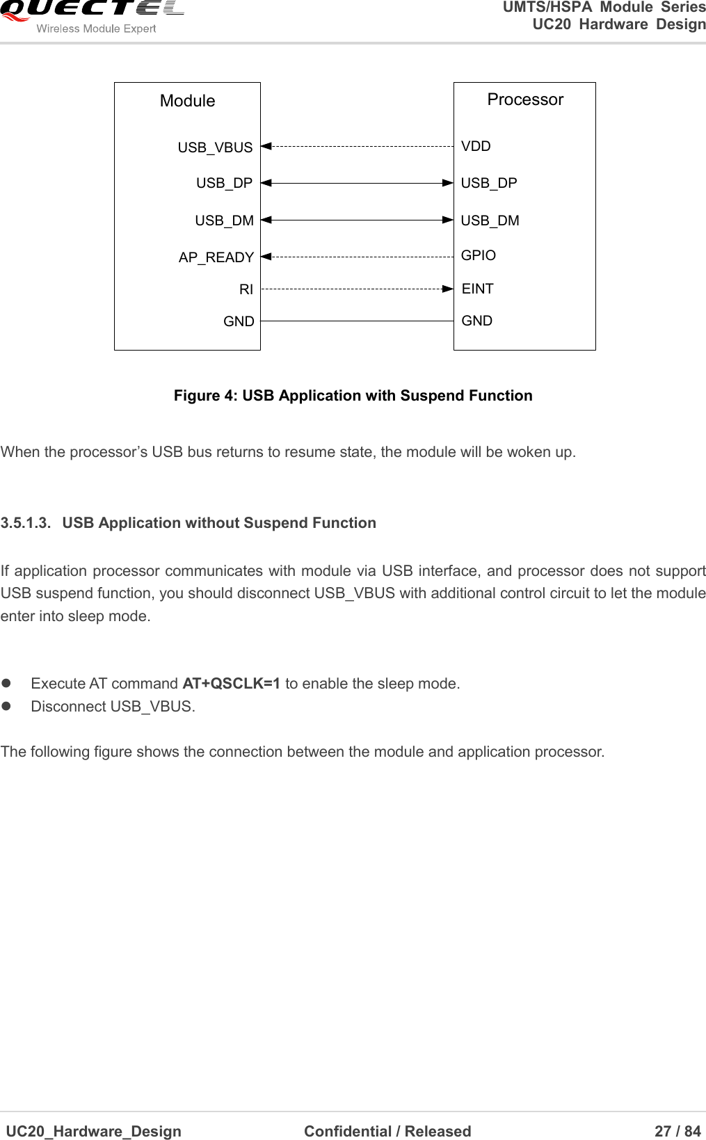                                                                                                                                               UMTS/HSPA  Module  Series                                                                 UC20  Hardware  Design  UC20_Hardware_Design                  Confidential / Released                            27 / 84     USB_VBUSUSB_DPUSB_DMAP_READYVDDUSB_DPUSB_DMGPIOModule ProcessorGND GNDRI EINT Figure 4: USB Application with Suspend Function  When the processor’s USB bus returns to resume state, the module will be woken up.  3.5.1.3.  USB Application without Suspend Function If application processor communicates with module via USB interface, and processor does not support USB suspend function, you should disconnect USB_VBUS with additional control circuit to let the module enter into sleep mode.     Execute AT command AT+QSCLK=1 to enable the sleep mode.   Disconnect USB_VBUS.  The following figure shows the connection between the module and application processor. 