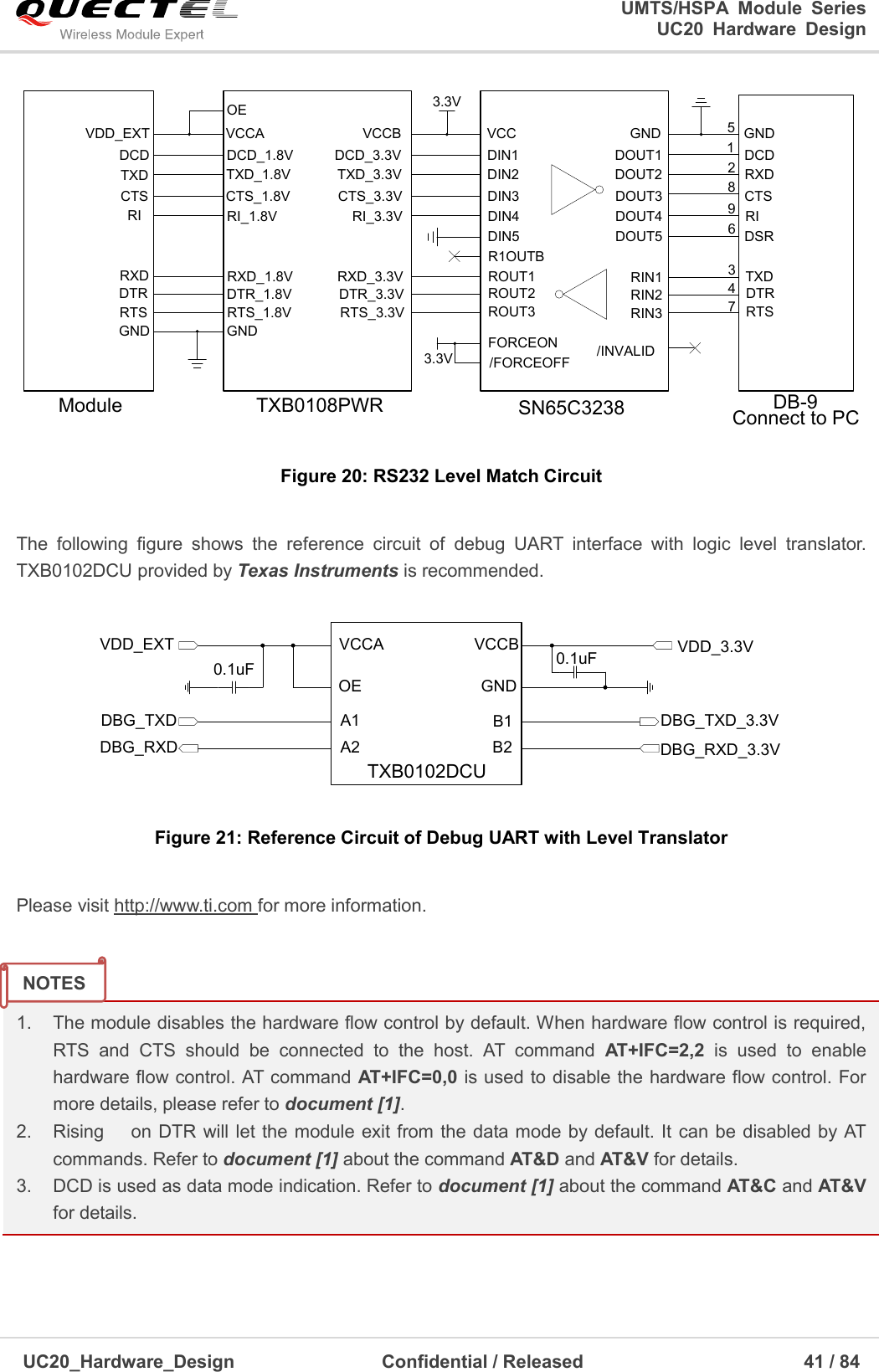                                                                                                                                               UMTS/HSPA  Module  Series                                                                 UC20  Hardware  Design  UC20_Hardware_Design                  Confidential / Released                            41 / 84     TXB0108PWRDCD_3.3VRTS_3.3VDTR_3.3VRXD_3.3VRI_3.3VCTS_3.3VTXD_3.3VDCDRTSDTRRXDRICTSTXDDCD_1.8VRTS_1.8VDTR_1.8VRXD_1.8VRI_1.8VCTS_1.8VTXD_1.8VVCCAModuleGND GNDVDD_EXT VCCB3.3VDIN1ROUT3ROUT2ROUT1DIN4DIN3DIN2DIN5R1OUTBFORCEON/FORCEOFF /INVALID3.3VDOUT1DOUT2DOUT3DOUT4DOUT5RIN3RIN2RIN1VCC GNDOESN65C3238 DB-9Connect to PCDCDRTSDTRTXDRICTSRXDDSRGND123456789 Figure 20: RS232 Level Match Circuit  The  following  figure  shows  the  reference  circuit  of  debug  UART  interface  with  logic  level  translator. TXB0102DCU provided by Texas Instruments is recommended. VCCA VCCBOEA1A2GNDB1B2VDD_EXTDBG_TXDDBG_RXD0.1uF 0.1uFDBG_TXD_3.3VDBG_RXD_3.3VVDD_3.3VTXB0102DCU Figure 21: Reference Circuit of Debug UART with Level Translator  Please visit http://www.ti.com for more information.   1.  The module disables the hardware flow control by default. When hardware flow control is required, RTS  and  CTS  should  be  connected  to  the  host.  AT  command  AT+IFC=2,2  is  used  to  enable hardware flow control. AT command AT+IFC=0,0 is used to disable the hardware flow control. For more details, please refer to document [1]. 2.  Rising      on  DTR will let the module exit from the data mode by default. It can be disabled by AT commands. Refer to document [1] about the command AT&amp;D and AT&amp;V for details. 3.  DCD is used as data mode indication. Refer to document [1] about the command AT&amp;C and AT&amp;V for details.  NOTES 