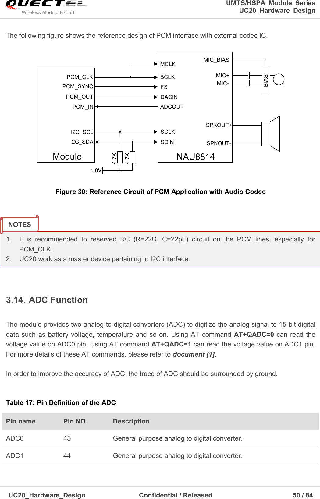                                                                                                                                               UMTS/HSPA  Module  Series                                                                 UC20  Hardware  Design  UC20_Hardware_Design                  Confidential / Released                            50 / 84     The following figure shows the reference design of PCM interface with external codec IC. PCM_INPCM_OUTPCM_SYNCPCM_CLKI2C_SCLI2C_SDANAU8814Module1.8V4.7K4.7KBCLKMCLKFSDACINADCOUTSCLKSDINBIASMIC_BIASMIC+MIC-SPKOUT+SPKOUT- Figure 30: Reference Circuit of PCM Application with Audio Codec   1.    It  is  recommended  to  reserved  RC  (R=22Ω,  C=22pF)  circuit  on  the  PCM  lines,  especially  for   PCM_CLK. 2.    UC20 work as a master device pertaining to I2C interface.  3.14. ADC Function  The module provides two analog-to-digital converters (ADC) to digitize the analog signal to 15-bit digital data such  as battery voltage, temperature and so  on. Using AT  command  AT+QADC=0 can  read the voltage value on ADC0 pin. Using AT command AT+QADC=1 can read the voltage value on ADC1 pin. For more details of these AT commands, please refer to document [1].    In order to improve the accuracy of ADC, the trace of ADC should be surrounded by ground.    Table 17: Pin Definition of the ADC   Pin name Pin NO. Description ADC0 45 General purpose analog to digital converter. ADC1 44 General purpose analog to digital converter.  NOTES 
