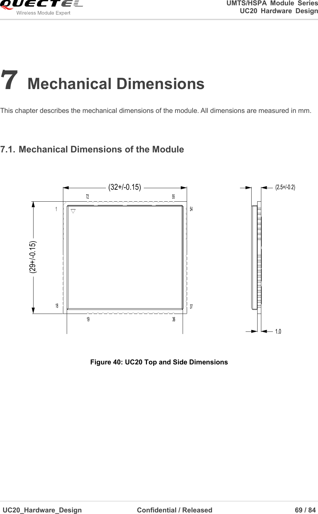                                                                                                                                               UMTS/HSPA  Module  Series                                                                 UC20  Hardware  Design  UC20_Hardware_Design                  Confidential / Released                            69 / 84     7 Mechanical Dimensions  This chapter describes the mechanical dimensions of the module. All dimensions are measured in mm.  7.1. Mechanical Dimensions of the Module (32+/-0.15)(29+/-0.15) Figure 40: UC20 Top and Side Dimensions  