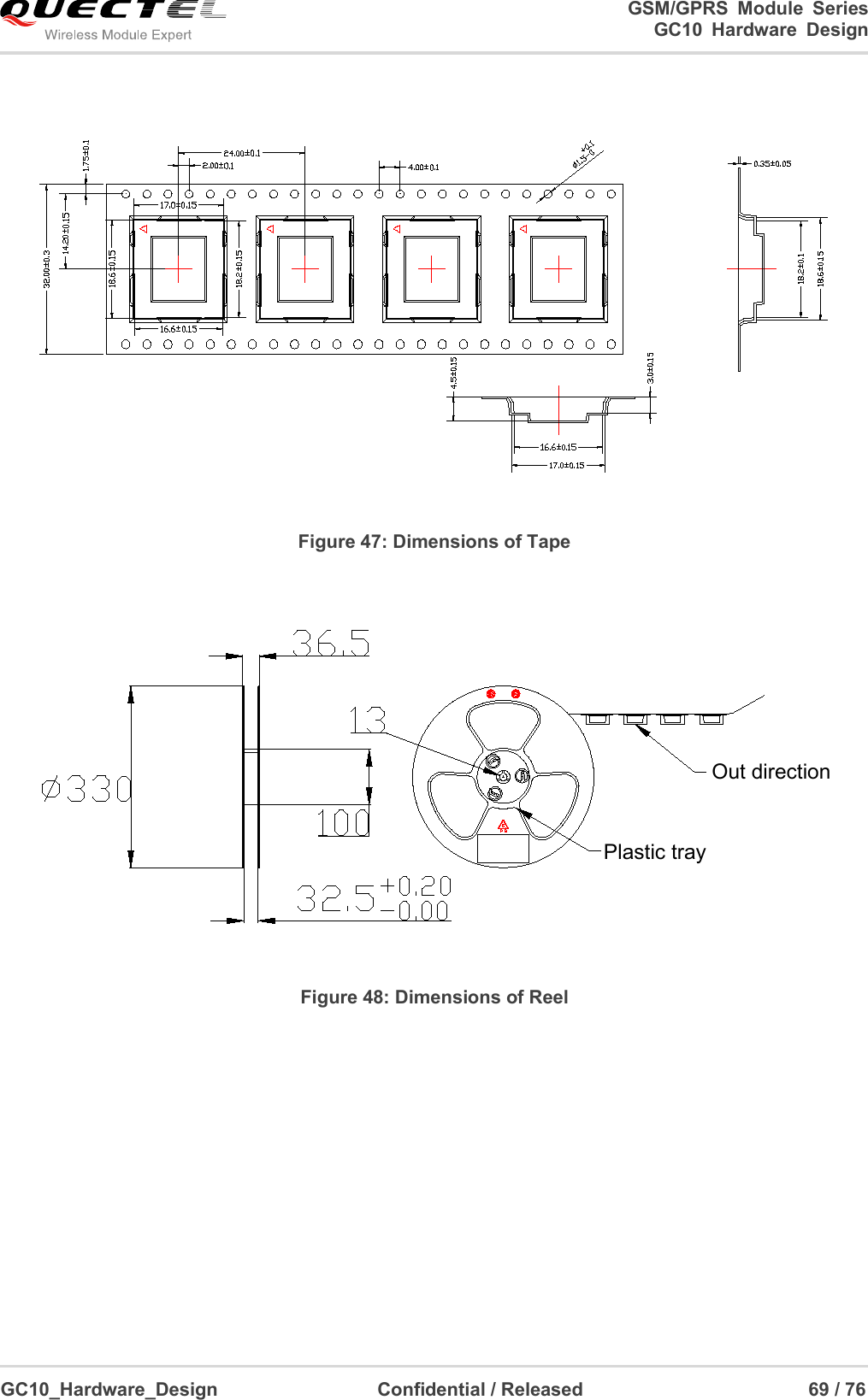                                                                          GSM/GPRS  Module  Series                                                                 GC10 Hardware Design  GC10_Hardware_Design                                  Confidential / Released                                                69 / 76       Figure 47: Dimensions of Tape Plastic trayOut direction Figure 48: Dimensions of Reel    