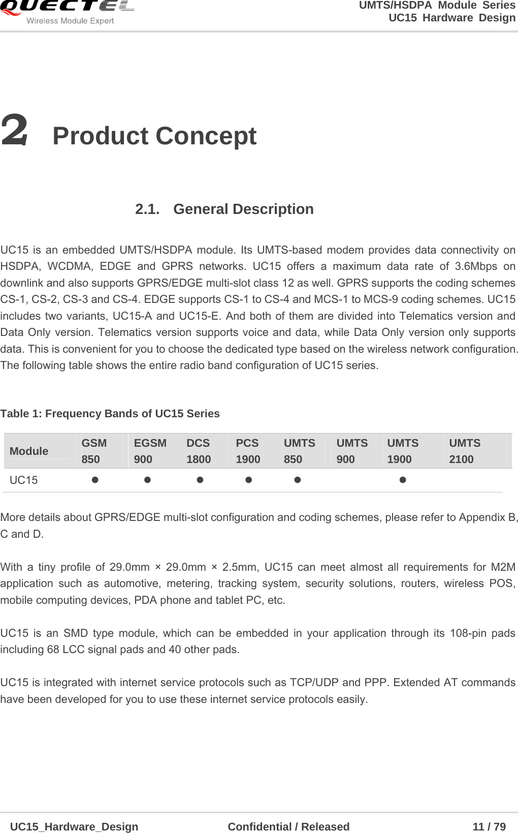                                                                        UMTS/HSDPA Module Series                                                                 UC15 Hardware Design  UC15_Hardware_Design                Confidential / Released                      11 / 79    2 Product Concept    2.1. General Description  UC15 is an embedded UMTS/HSDPA module. Its UMTS-based modem provides data connectivity on HSDPA, WCDMA, EDGE and GPRS networks. UC15 offers a maximum data rate of 3.6Mbps on downlink and also supports GPRS/EDGE multi-slot class 12 as well. GPRS supports the coding schemes CS-1, CS-2, CS-3 and CS-4. EDGE supports CS-1 to CS-4 and MCS-1 to MCS-9 coding schemes. UC15 includes two variants, UC15-A and UC15-E. And both of them are divided into Telematics version and Data Only version. Telematics version supports voice and data, while Data Only version only supports data. This is convenient for you to choose the dedicated type based on the wireless network configuration. The following table shows the entire radio band configuration of UC15 series.  Table 1: Frequency Bands of UC15 Series  More details about GPRS/EDGE multi-slot configuration and coding schemes, please refer to Appendix B, C and D.  With a tiny profile of 29.0mm × 29.0mm × 2.5mm, UC15 can meet almost all requirements for M2M application such as automotive, metering, tracking system, security solutions, routers, wireless POS, mobile computing devices, PDA phone and tablet PC, etc.  UC15 is an SMD type module, which can be embedded in your application through its 108-pin pads including 68 LCC signal pads and 40 other pads.  UC15 is integrated with internet service protocols such as TCP/UDP and PPP. Extended AT commands have been developed for you to use these internet service protocols easily.   Module  GSM 850 EGSM 900 DCS 1800 PCS  1900 UMTS 850 UMTS 900 UMTS 1900 UMTS 2100 UC15                       