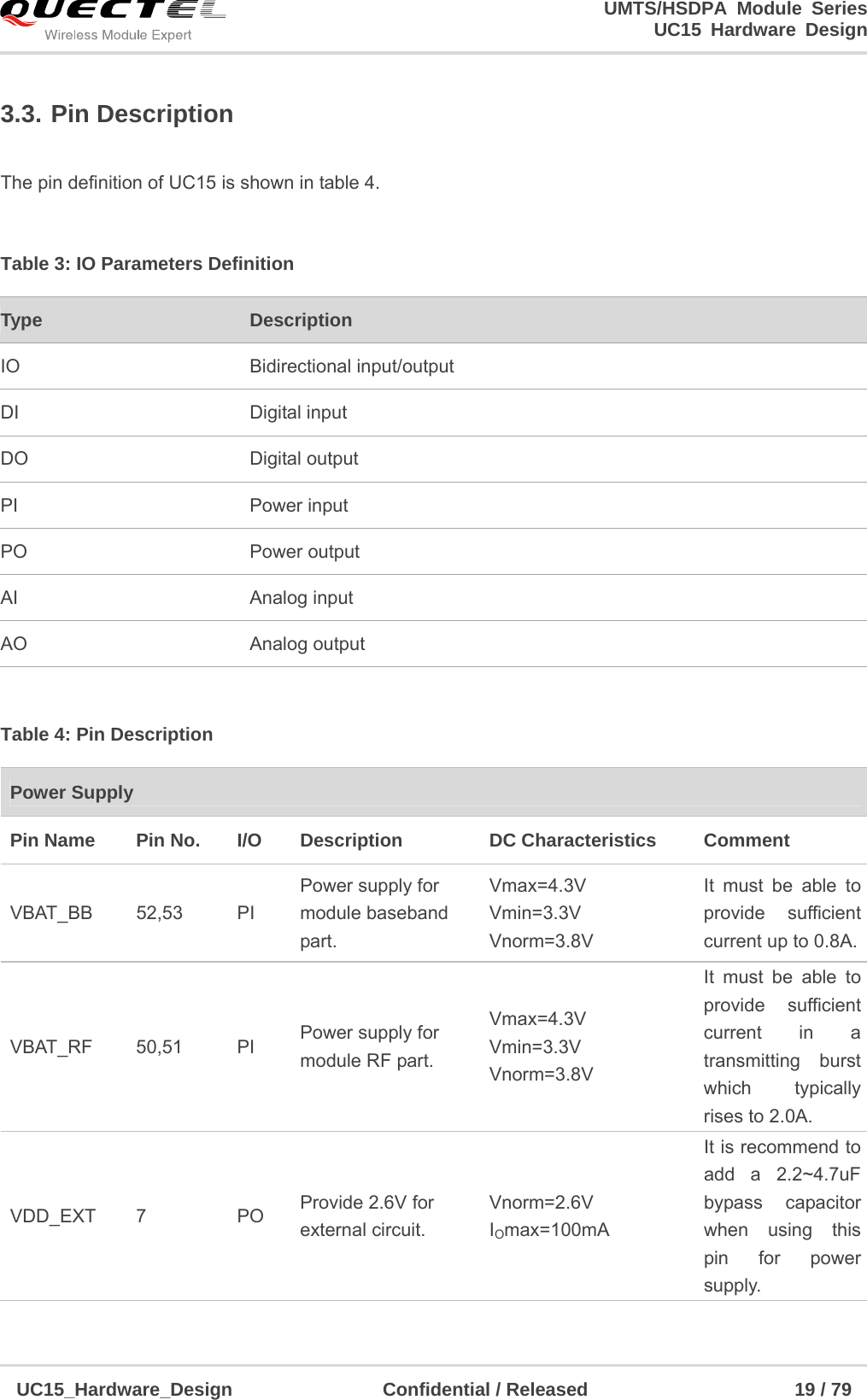                                                                        UMTS/HSDPA Module Series                                                                 UC15 Hardware Design  UC15_Hardware_Design                Confidential / Released                      19 / 79    3.3. Pin Description  The pin definition of UC15 is shown in table 4.  Table 3: IO Parameters Definition  Table 4: Pin Description Type  Description IO Bidirectional input/output DI Digital input DO Digital output PI Power input PO Power output AI Analog input AO Analog output Power Supply   Pin Name    Pin No.  I/O  Description    DC Characteristics    Comment   VBAT_BB 52,53  PI Power supply for module baseband part. Vmax=4.3V Vmin=3.3V Vnorm=3.8V It must be able to provide sufficient current up to 0.8A. VBAT_RF 50,51  PI Power supply for module RF part. Vmax=4.3V Vmin=3.3V Vnorm=3.8V It must be able to provide sufficient current in a transmitting burst which typically rises to 2.0A. VDD_EXT 7  PO Provide 2.6V for external circuit. Vnorm=2.6V IOmax=100mA It is recommend to add a 2.2~4.7uF bypass capacitor when using this pin for power supply. 