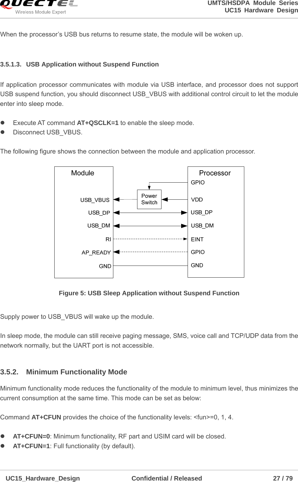                                                                        UMTS/HSDPA Module Series                                                                 UC15 Hardware Design  UC15_Hardware_Design                Confidential / Released                      27 / 79    When the processor’s USB bus returns to resume state, the module will be woken up.  3.5.1.3.  USB Application without Suspend Function If application processor communicates with module via USB interface, and processor does not support USB suspend function, you should disconnect USB_VBUS with additional control circuit to let the module enter into sleep mode.   Execute AT command AT+QSCLK=1 to enable the sleep mode.  Disconnect USB_VBUS.  The following figure shows the connection between the module and application processor.  Figure 5: USB Sleep Application without Suspend Function  Supply power to USB_VBUS will wake up the module.  In sleep mode, the module can still receive paging message, SMS, voice call and TCP/UDP data from the network normally, but the UART port is not accessible.  3.5.2. Minimum Functionality Mode Minimum functionality mode reduces the functionality of the module to minimum level, thus minimizes the current consumption at the same time. This mode can be set as below:  Command AT+CFUN provides the choice of the functionality levels: &lt;fun&gt;=0, 1, 4.   AT+CFUN=0: Minimum functionality, RF part and USIM card will be closed.  AT+CFUN=1: Full functionality (by default). 