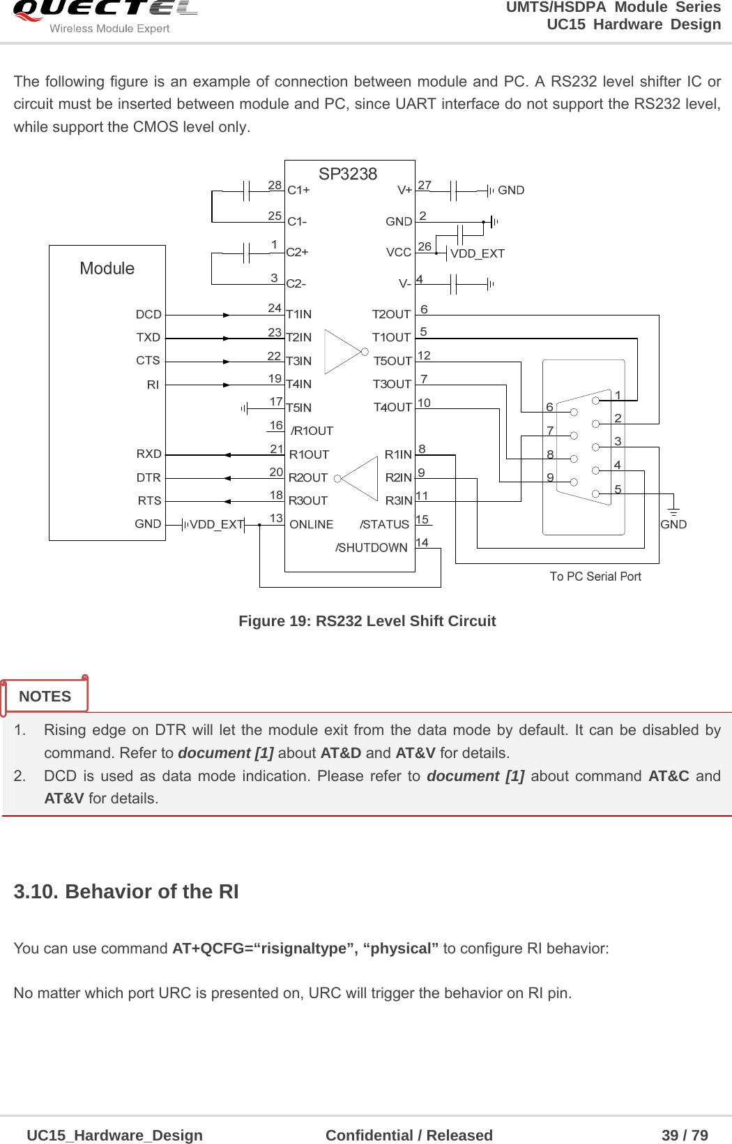                                                                        UMTS/HSDPA Module Series                                                                 UC15 Hardware Design  UC15_Hardware_Design                Confidential / Released                      39 / 79    The following figure is an example of connection between module and PC. A RS232 level shifter IC or circuit must be inserted between module and PC, since UART interface do not support the RS232 level, while support the CMOS level only.    Figure 19: RS232 Level Shift Circuit     1.  Rising edge on DTR will let the module exit from the data mode by default. It can be disabled by command. Refer to document [1] about AT&amp;D and AT&amp;V for details. 2.  DCD is used as data mode indication. Please refer to document [1] about command AT&amp;C and AT&amp;V for details.  3.10. Behavior of the RI  You can use command AT+QCFG=“risignaltype”, “physical” to configure RI behavior:  No matter which port URC is presented on, URC will trigger the behavior on RI pin.    NOTES 