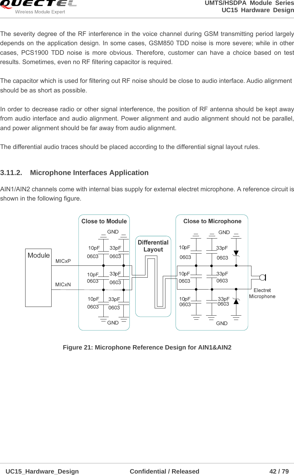                                                                        UMTS/HSDPA Module Series                                                                 UC15 Hardware Design  UC15_Hardware_Design                Confidential / Released                      42 / 79    The severity degree of the RF interference in the voice channel during GSM transmitting period largely depends on the application design. In some cases, GSM850 TDD noise is more severe; while in other cases, PCS1900 TDD noise is more obvious. Therefore, customer can have a choice based on test results. Sometimes, even no RF filtering capacitor is required.  The capacitor which is used for filtering out RF noise should be close to audio interface. Audio alignment should be as short as possible.  In order to decrease radio or other signal interference, the position of RF antenna should be kept away from audio interface and audio alignment. Power alignment and audio alignment should not be parallel, and power alignment should be far away from audio alignment.  The differential audio traces should be placed according to the differential signal layout rules.    3.11.2.  Microphone Interfaces Application AIN1/AIN2 channels come with internal bias supply for external electret microphone. A reference circuit is shown in the following figure.    Figure 21: Microphone Reference Design for AIN1&amp;AIN2  