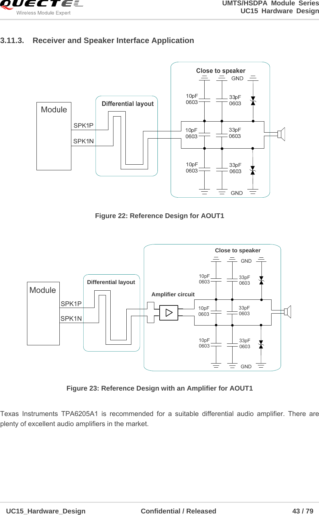                                                                        UMTS/HSDPA Module Series                                                                 UC15 Hardware Design  UC15_Hardware_Design                Confidential / Released                      43 / 79    3.11.3.  Receiver and Speaker Interface Application    Figure 22: Reference Design for AOUT1 SPK1PSPK1NDifferential layoutAmplifier circuitModule10pF 0603Close to speakerGND33pF 060333pF 0603GND10pF 060310pF 060333pF 0603 Figure 23: Reference Design with an Amplifier for AOUT1  Texas Instruments TPA6205A1 is recommended for a suitable differential audio amplifier. There are plenty of excellent audio amplifiers in the market.   