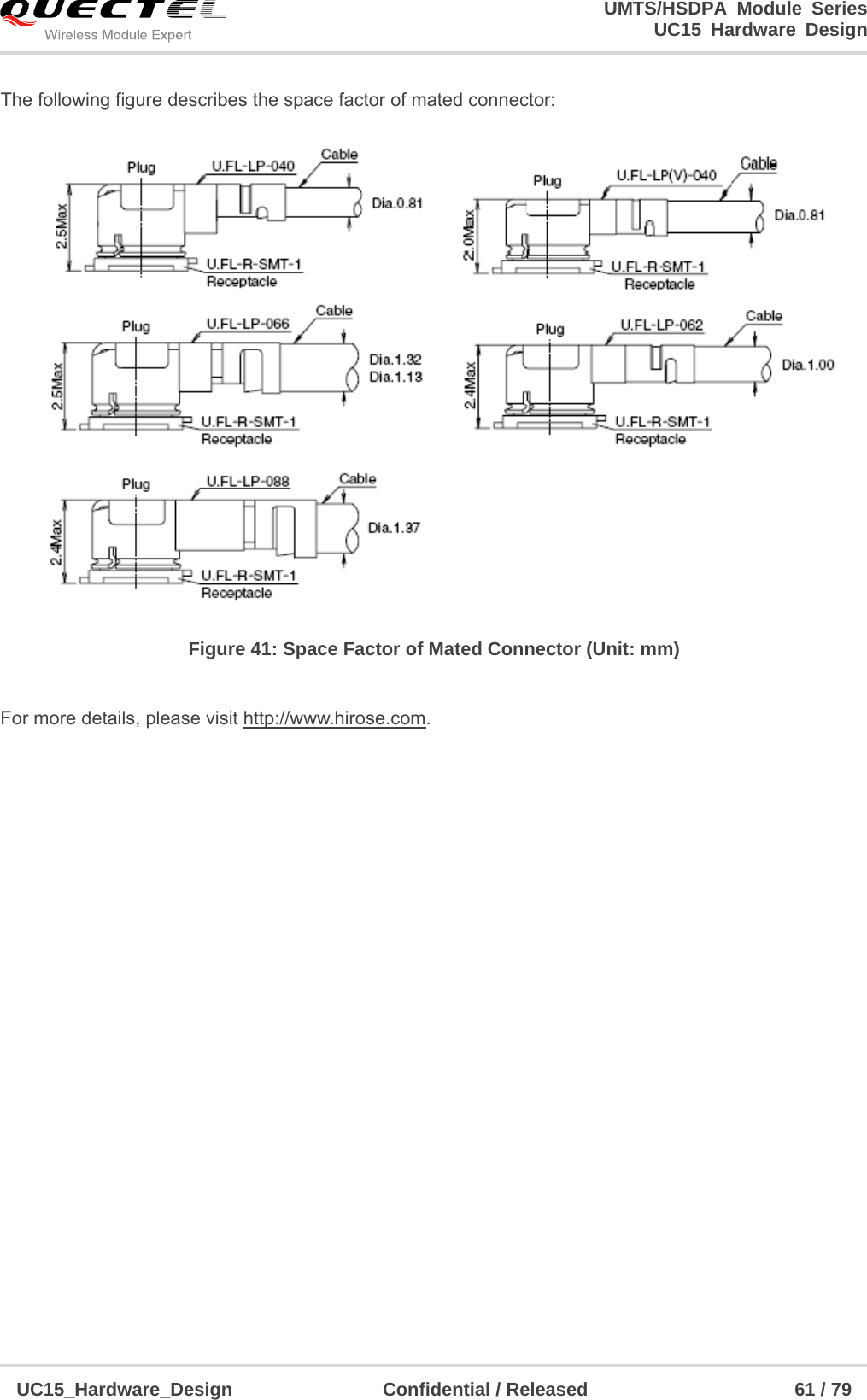                                                                        UMTS/HSDPA Module Series                                                                 UC15 Hardware Design  UC15_Hardware_Design                Confidential / Released                      61 / 79    The following figure describes the space factor of mated connector:  Figure 41: Space Factor of Mated Connector (Unit: mm)  For more details, please visit http://www.hirose.com. 